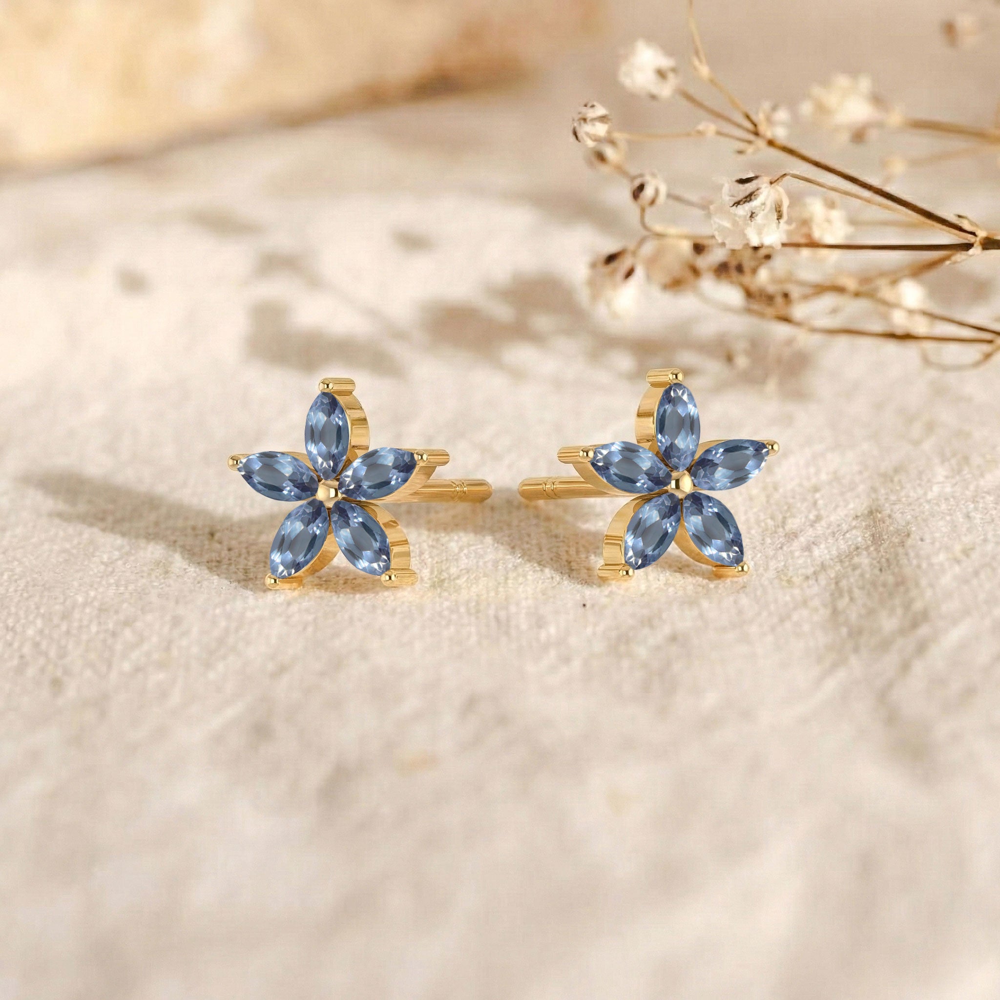 Alexandrite Flower and Marquis Shape Stud Earring in 925 Sterling Silver 4X2 MM 3ct.