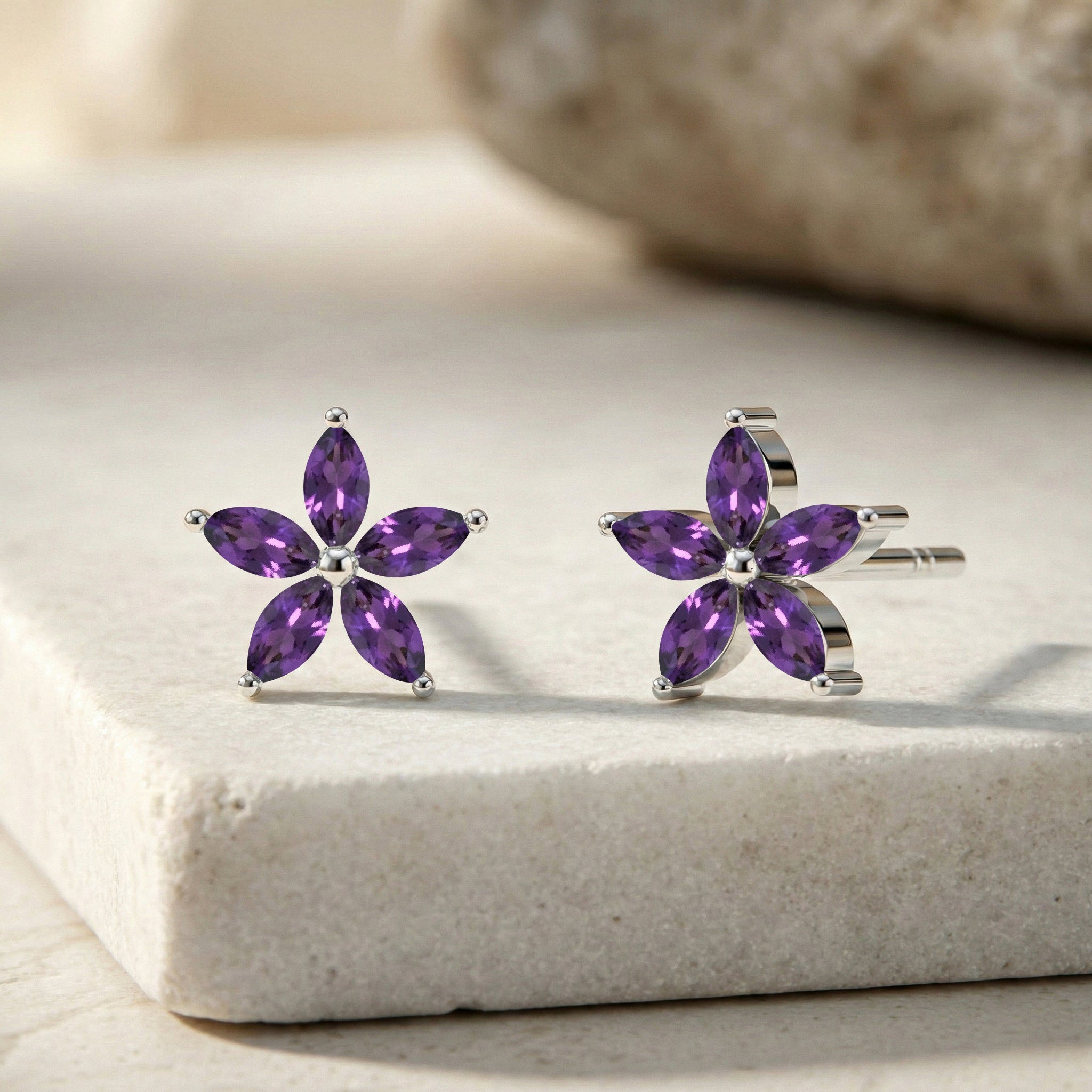 Amethyst Flower and Marquis Shape Stud Earring in 925 Sterling Silver 4X2 MM 3ct.