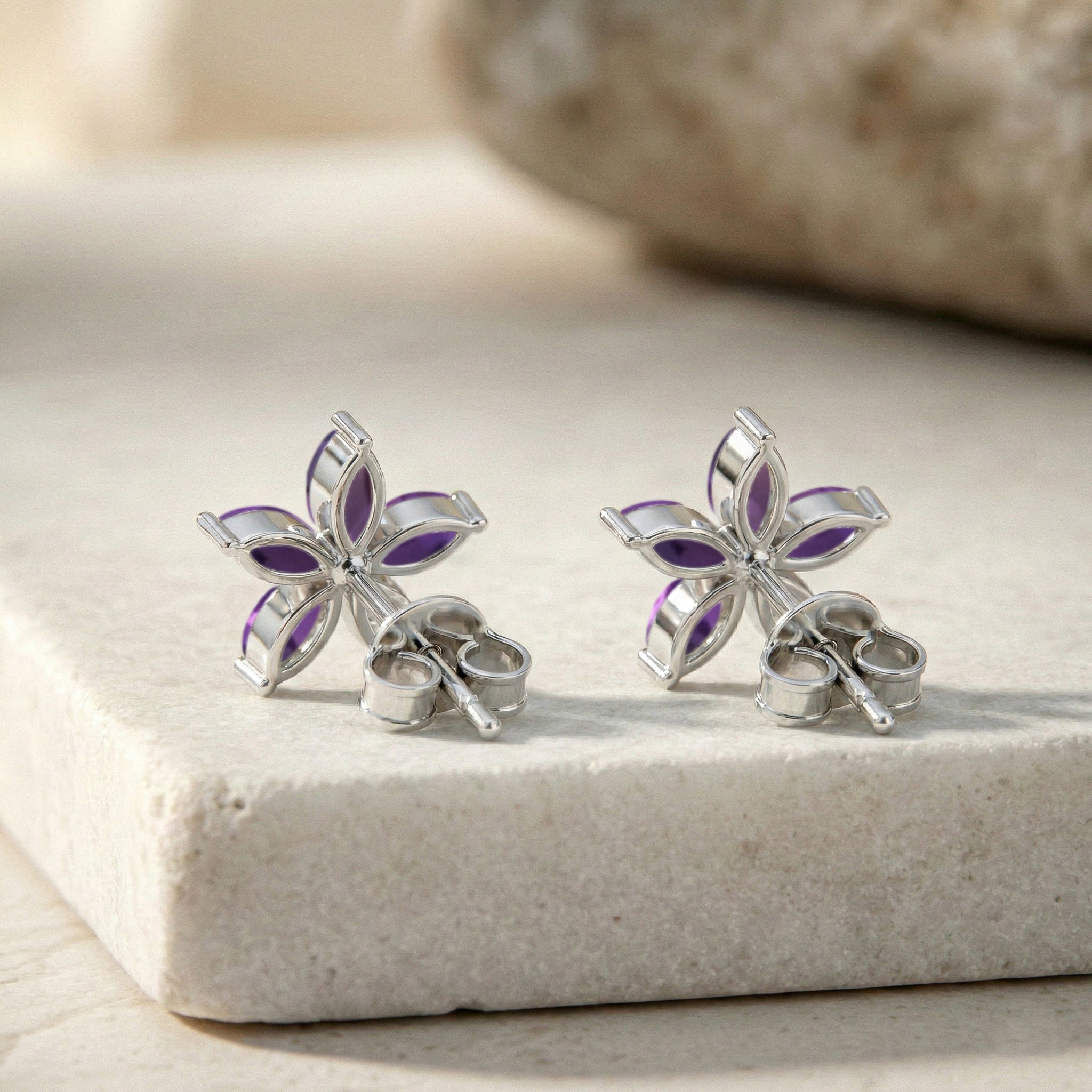 Amethyst Flower and Marquis Shape Stud Earring in 925 Sterling Silver 4X2 MM 3ct.