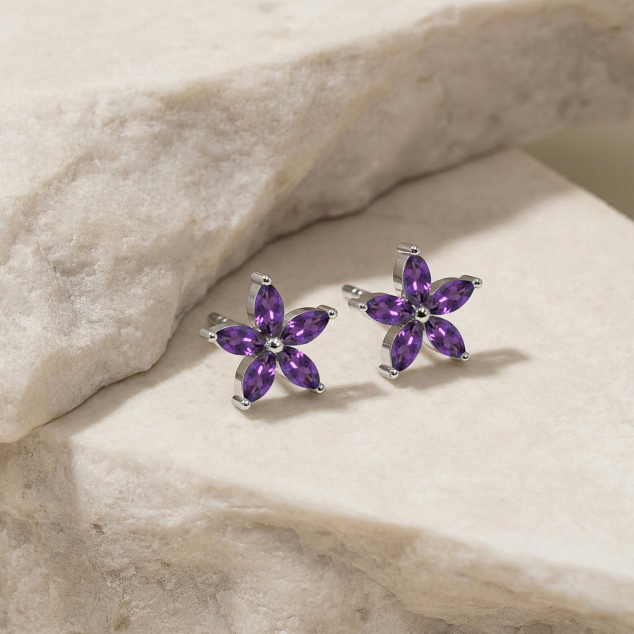 Amethyst Flower and Marquis Shape Stud Earring in 925 Sterling Silver 4X2 MM 3ct.