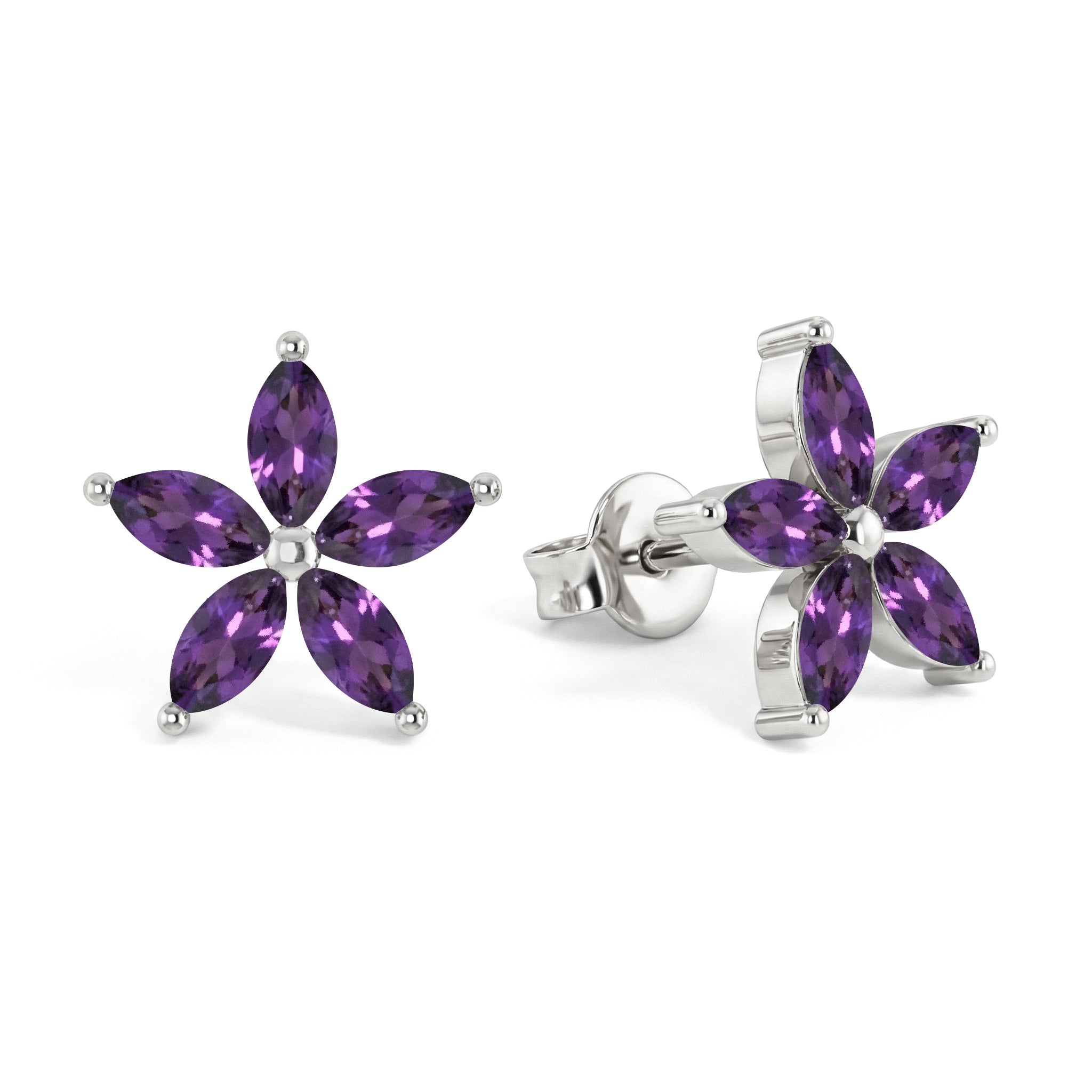 Amethyst Flower and Marquis Shape Stud Earring in 925 Sterling Silver 4X2 MM 3ct.