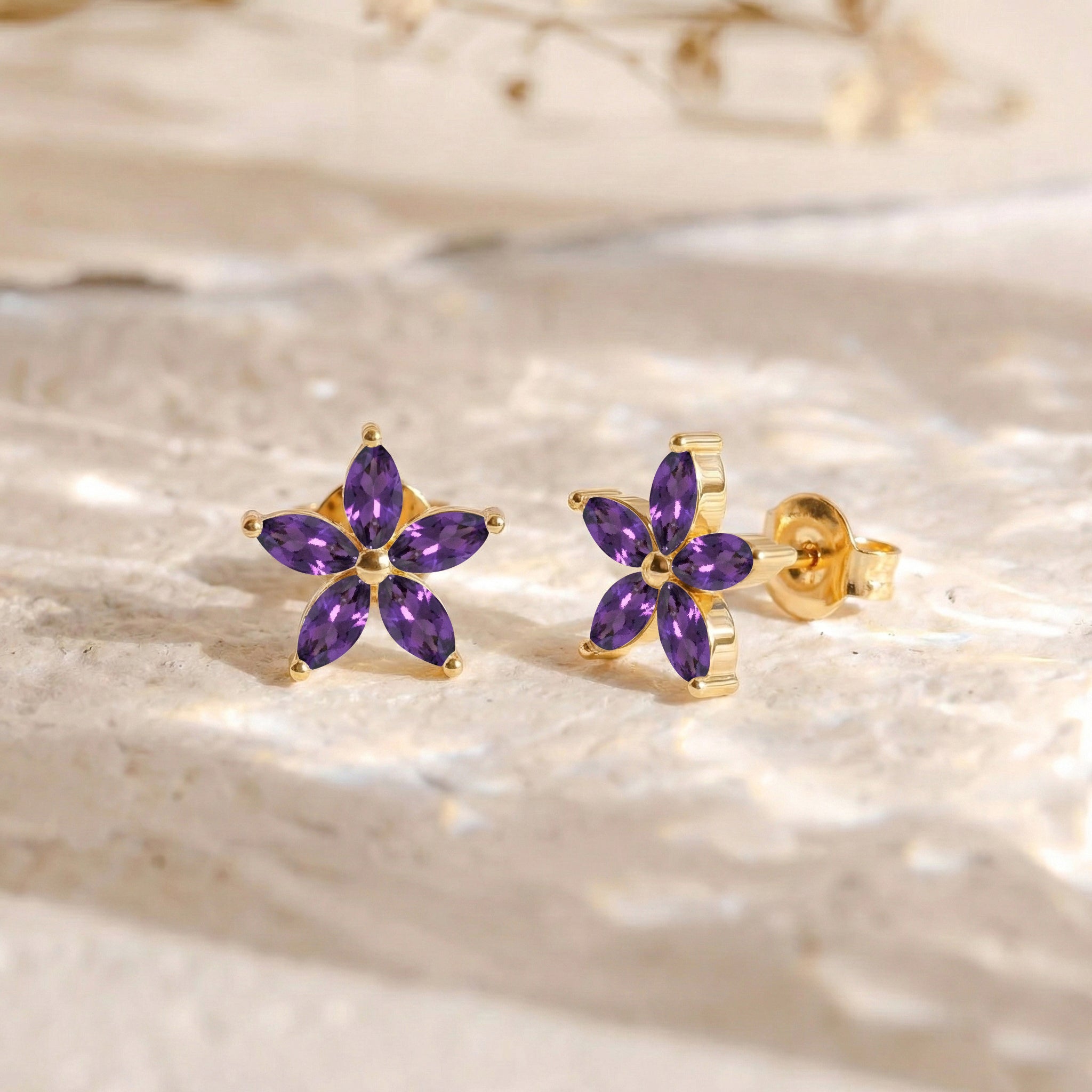 Amethyst Flower and Marquis Shape Stud Earring in 925 Sterling Silver 4X2 MM 3ct.