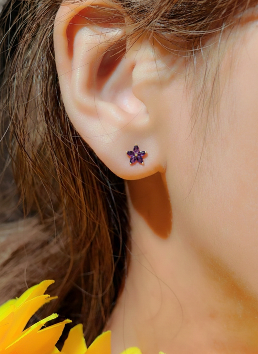 Amethyst Flower and Marquis Shape Stud Earring in 925 Sterling Silver 4X2 MM 3ct.