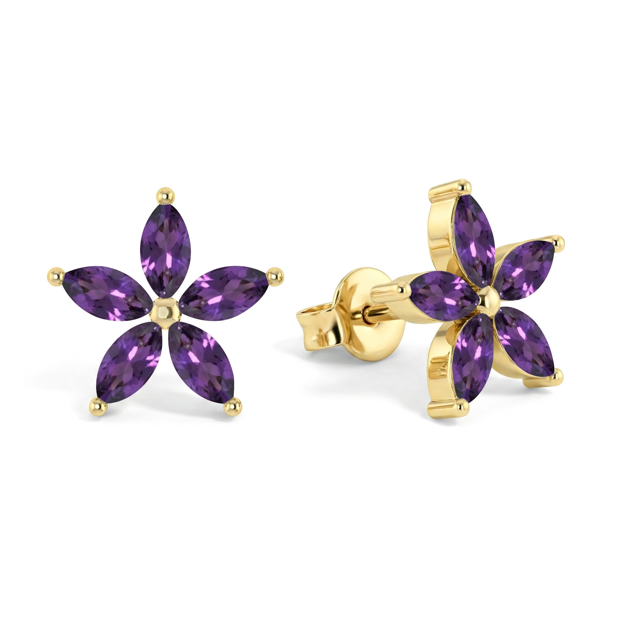 Amethyst Flower and Marquis Shape Stud Earring in 925 Sterling Silver 4X2 MM 3ct.