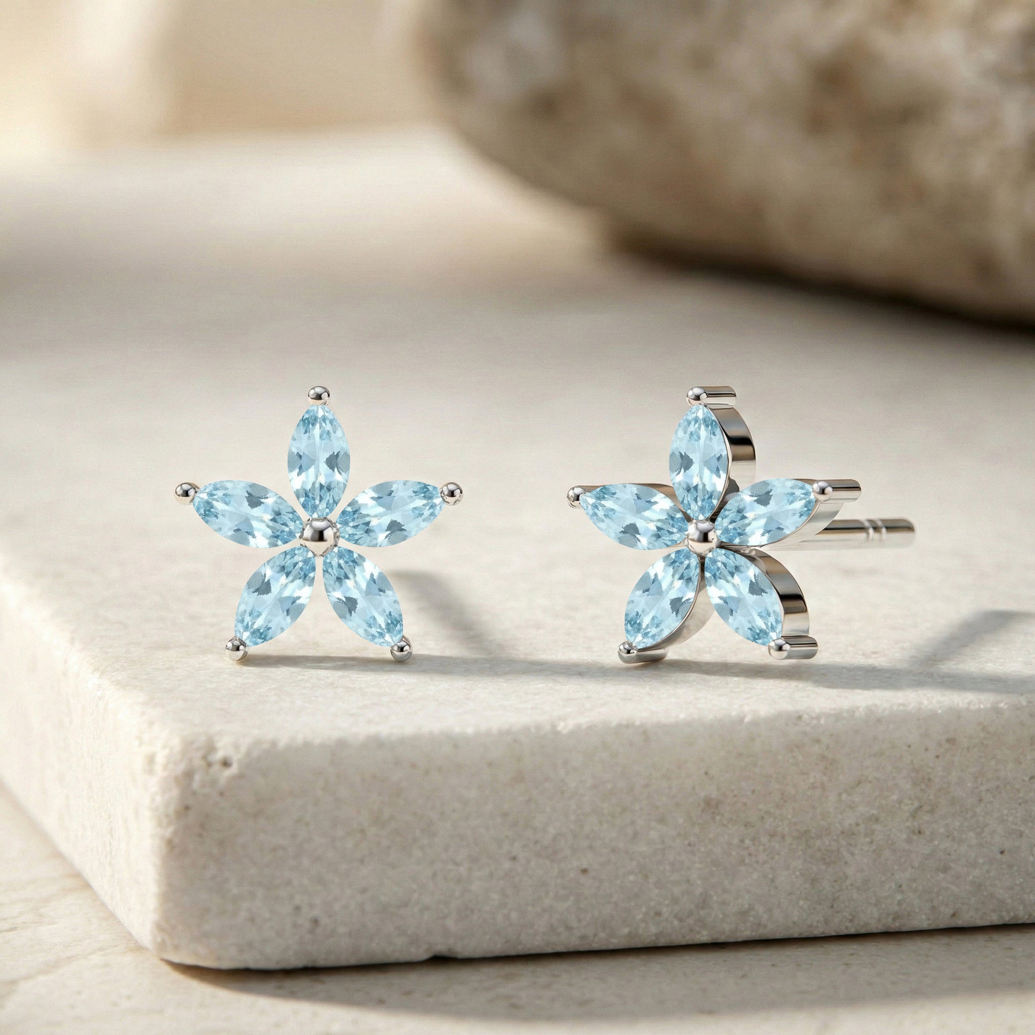 Aquamarine Flower and Marquis Shape Stud Earring in 925 Sterling Silver 4X2 MM 3ct.