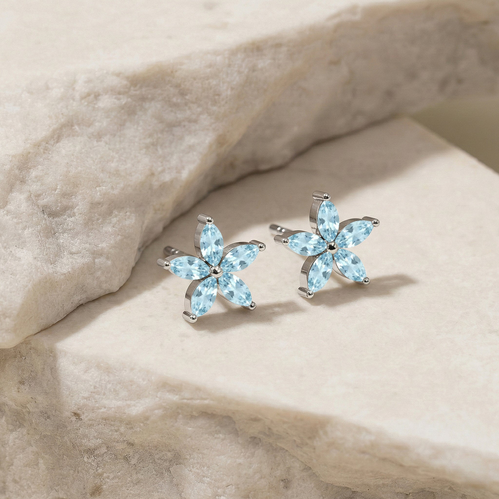 Aquamarine Flower and Marquis Shape Stud Earring in 925 Sterling Silver 4X2 MM 3ct.