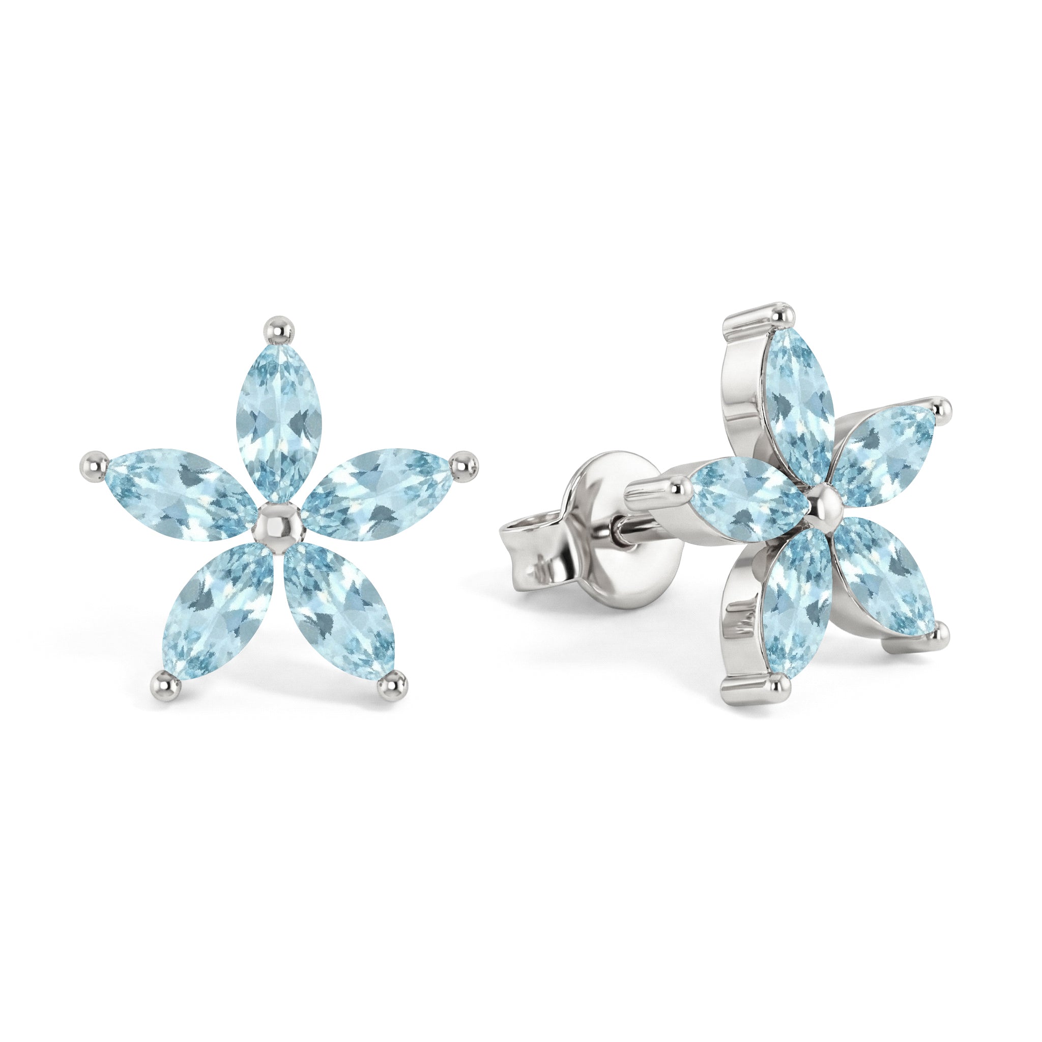 Aquamarine Flower and Marquis Shape Stud Earring in 925 Sterling Silver 4X2 MM 3ct.