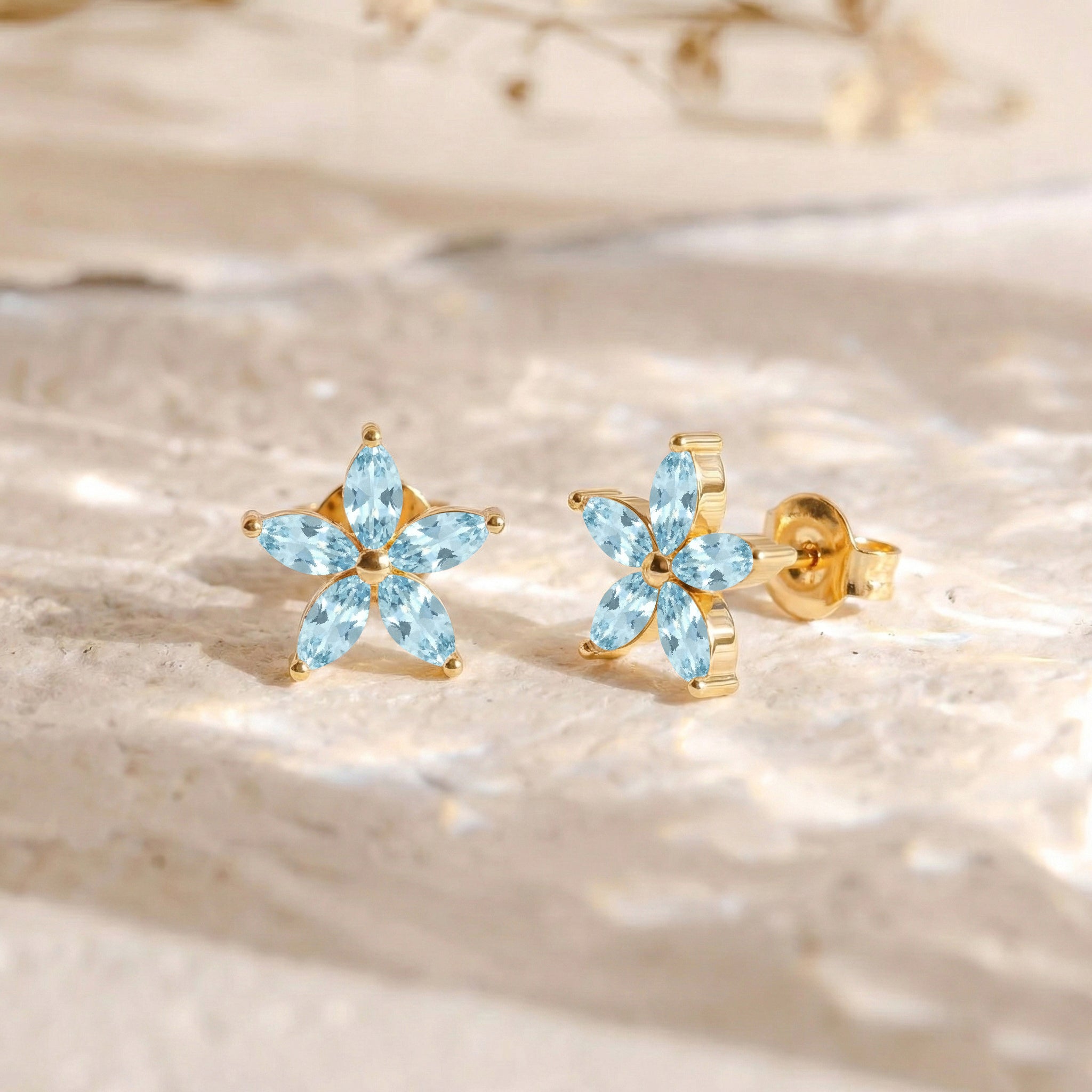 Aquamarine Flower and Marquis Shape Stud Earring in 925 Sterling Silver 4X2 MM 3ct.
