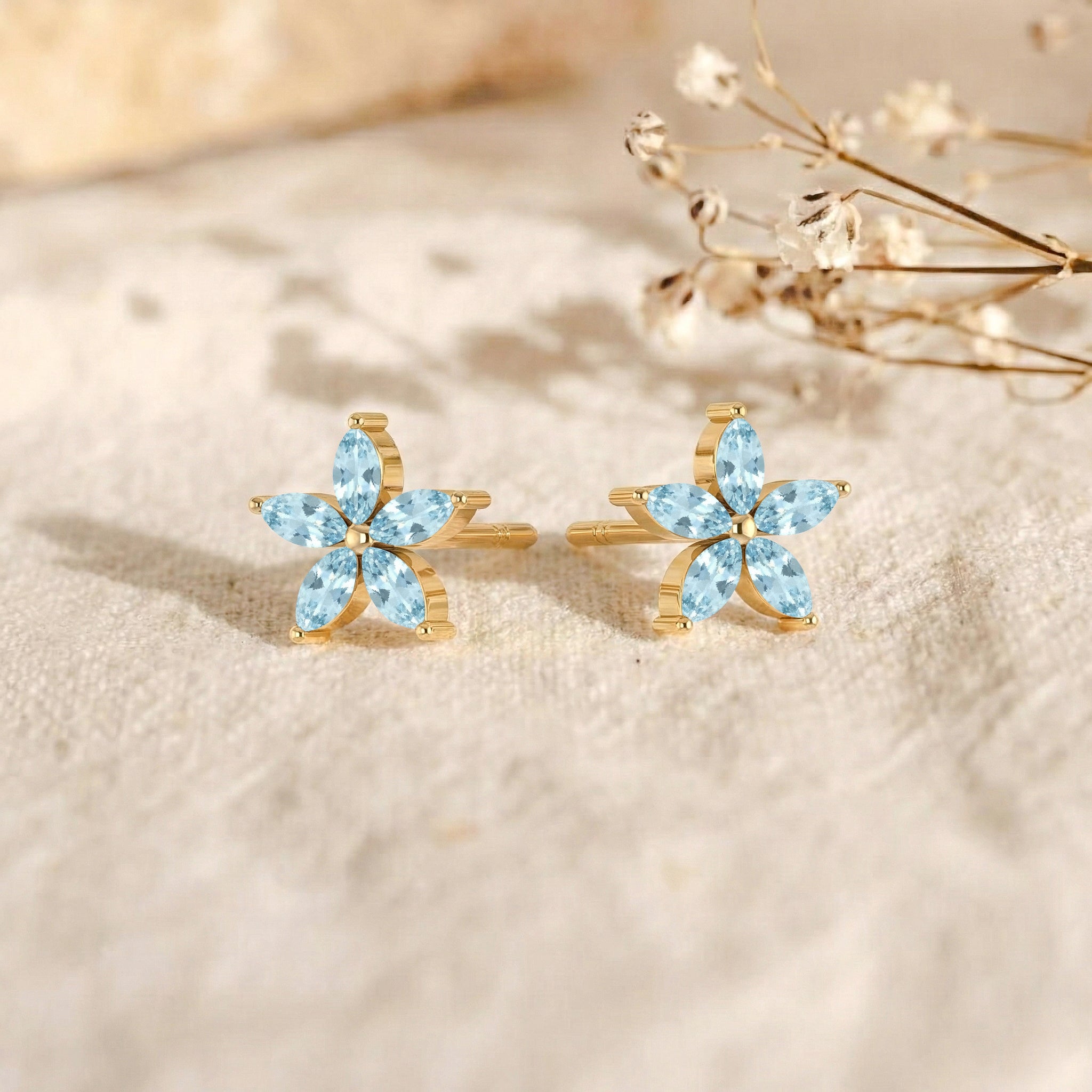Aquamarine Flower and Marquis Shape Stud Earring in 925 Sterling Silver 4X2 MM 3ct.