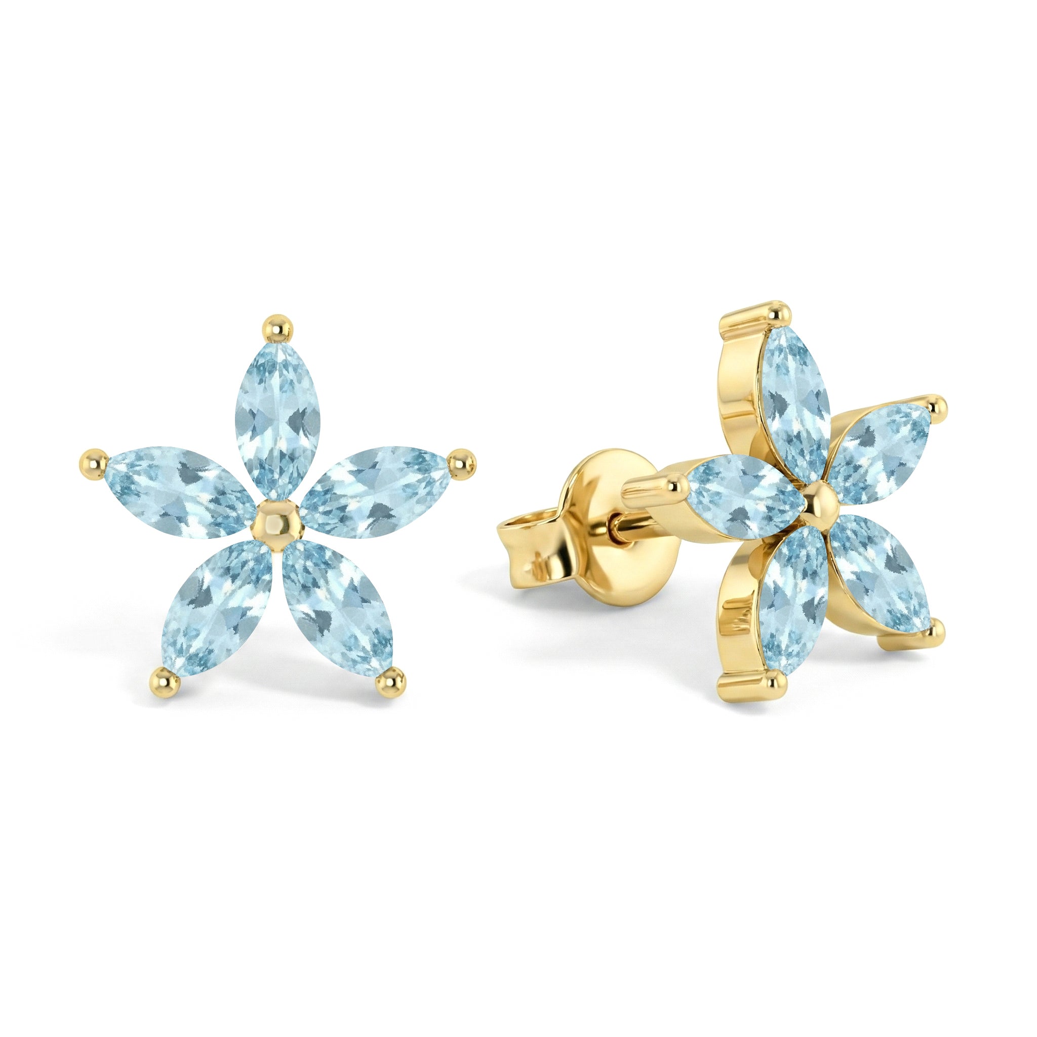Aquamarine Flower and Marquis Shape Stud Earring in 925 Sterling Silver 4X2 MM 3ct.