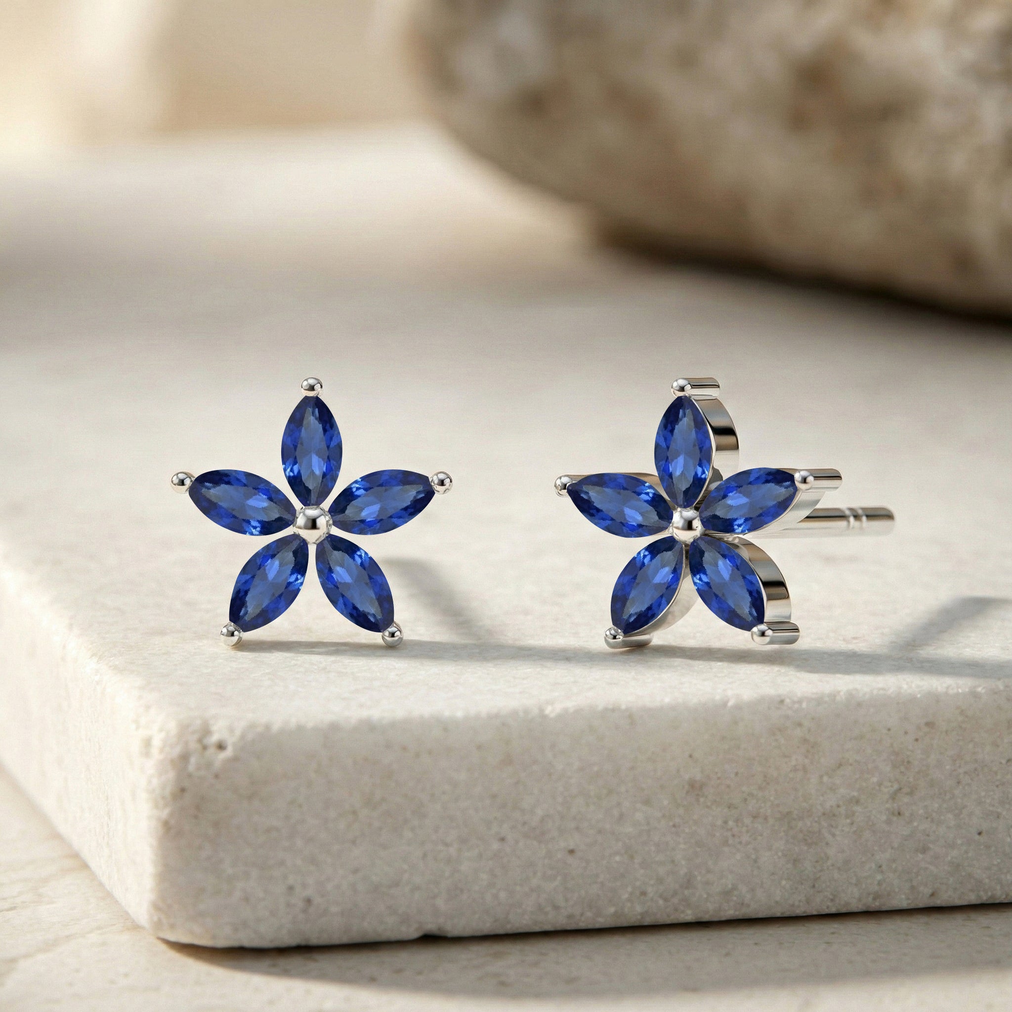 Blue Sapphire Flower and Marquis Shape Stud Earring in 925 Sterling Silver 4X2 MM 3ct.