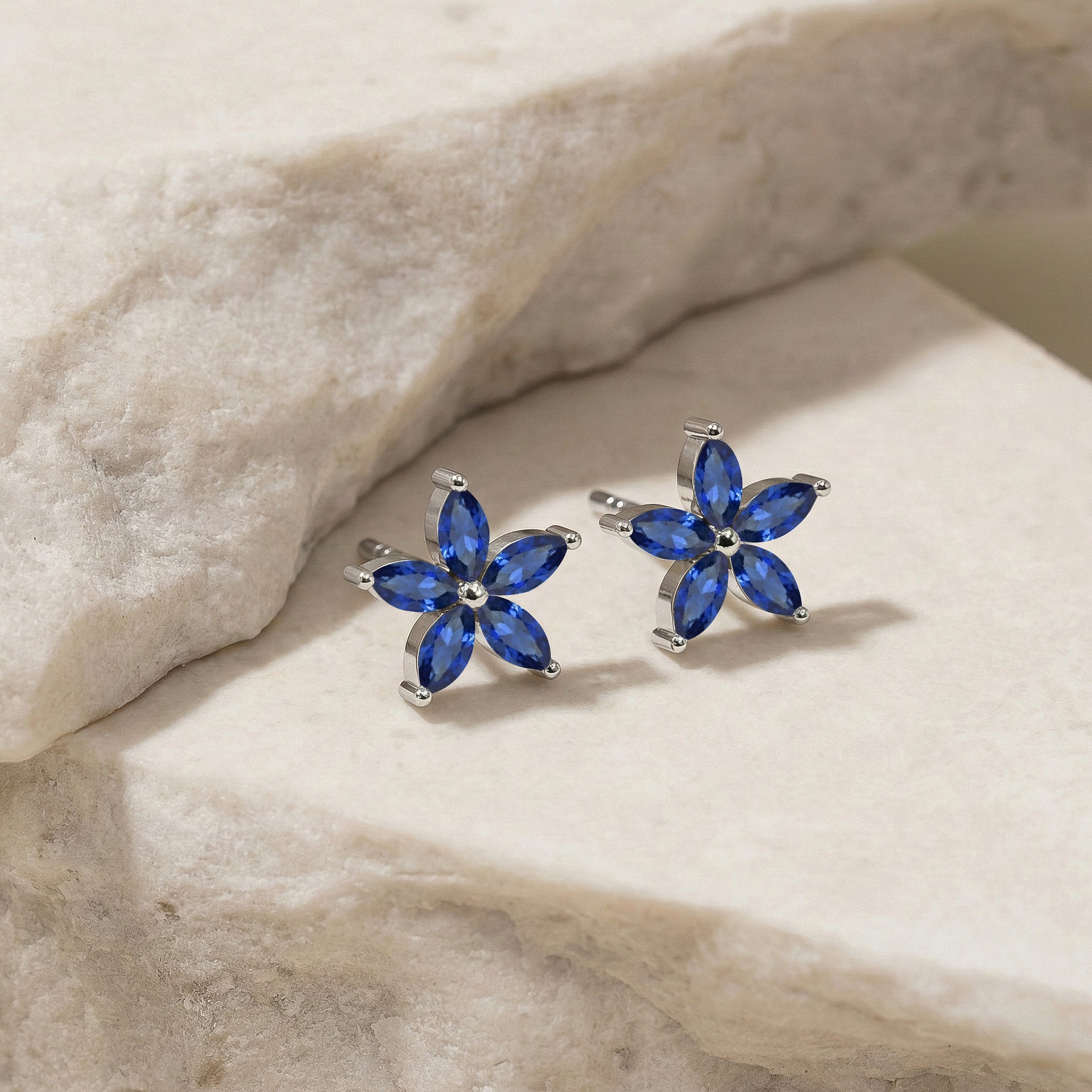 Blue Sapphire Studs Floral Silver Style