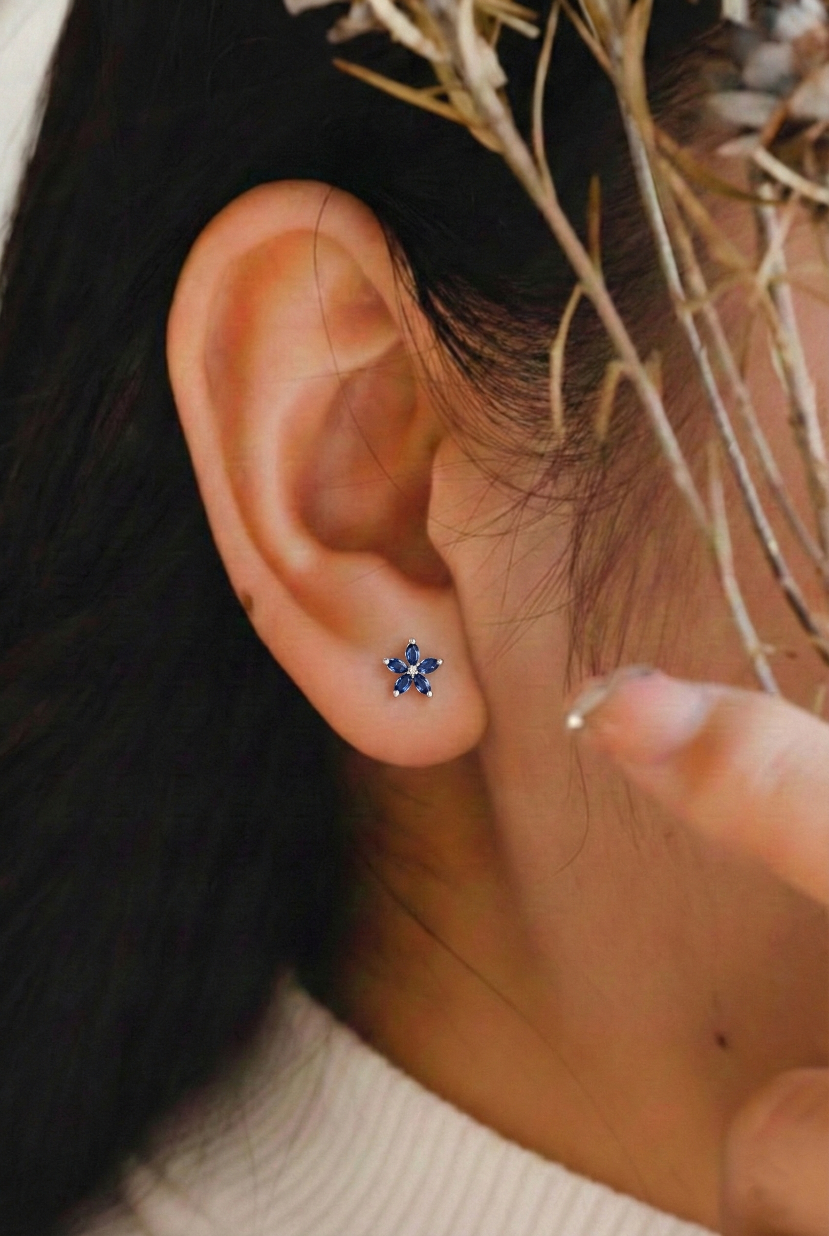 Blue Sapphire Flower and Marquis Shape Stud Earring in 925 Sterling Silver 4X2 MM 3ct.