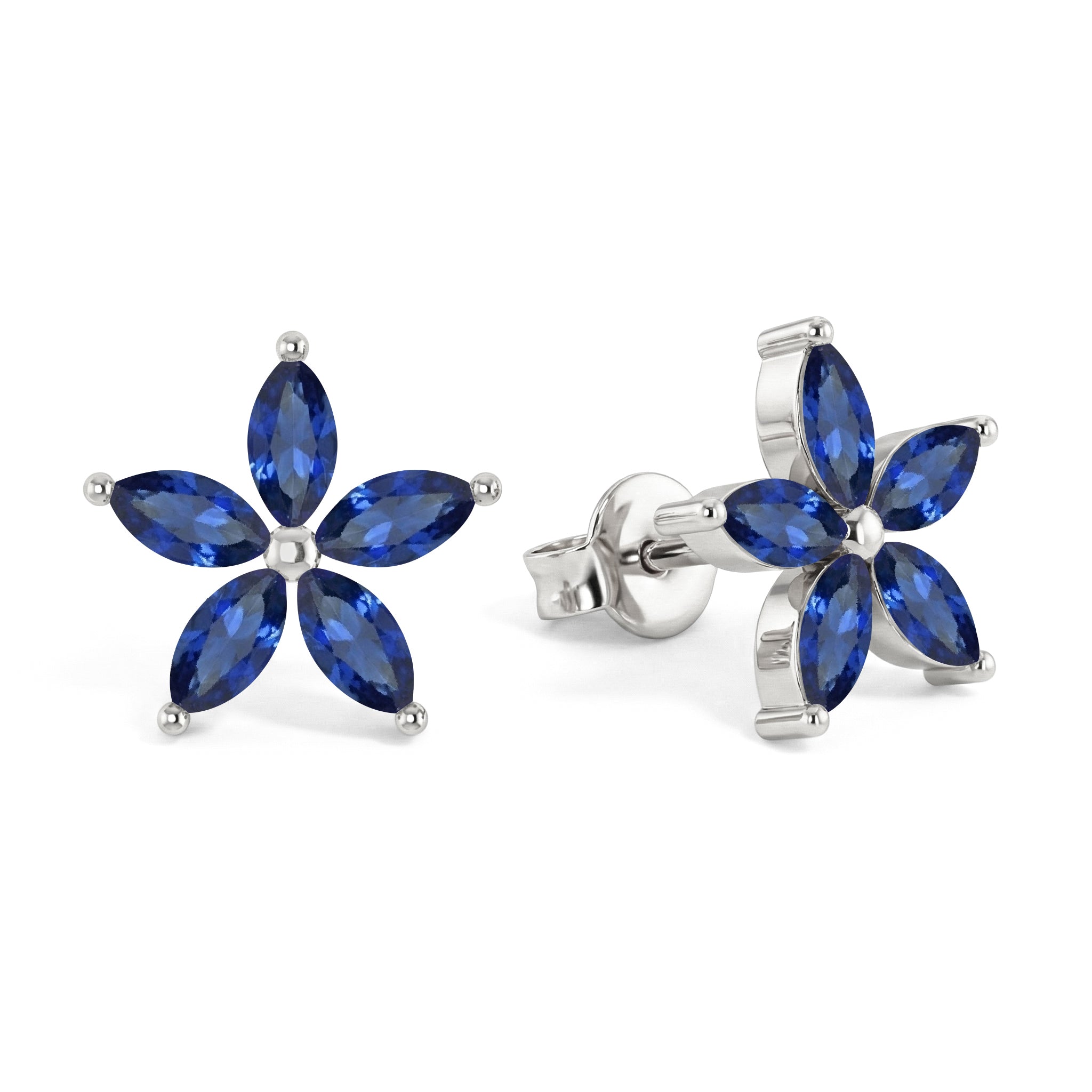 Blue Sapphire Flower and Marquis Shape Stud Earring in 925 Sterling Silver 4X2 MM 3ct.