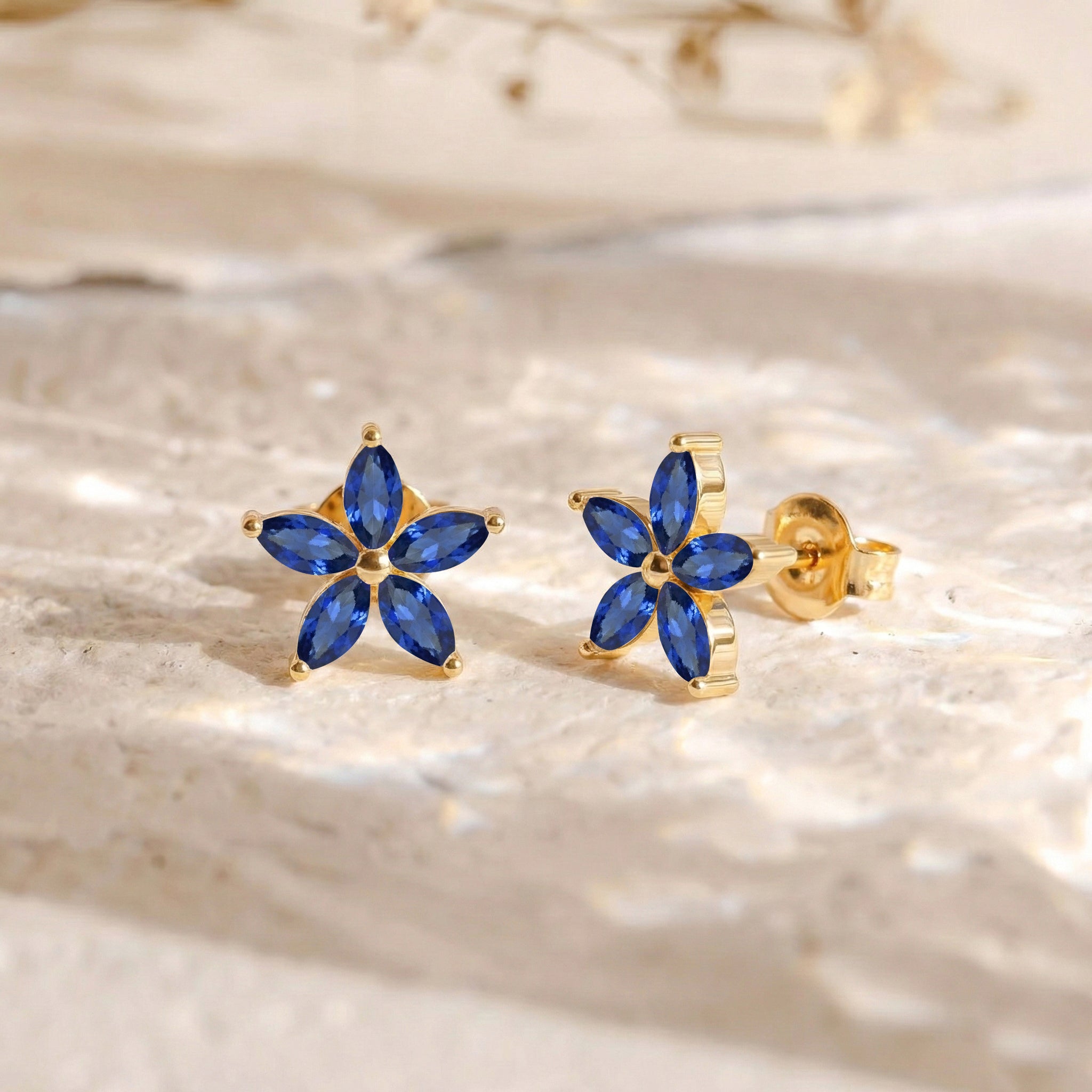 Blue Sapphire Flower and Marquis Shape Stud Earring in 925 Sterling Silver 4X2 MM 3ct.