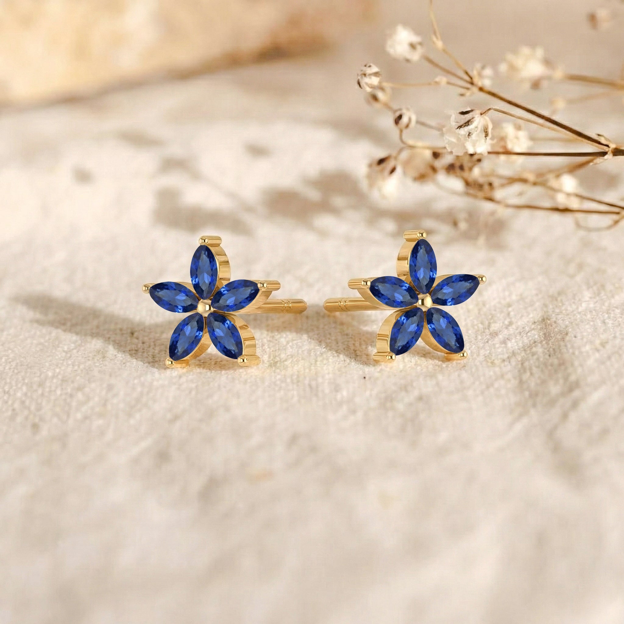 Blue Sapphire Flower and Marquis Shape Stud Earring in 925 Sterling Silver 4X2 MM 3ct.
