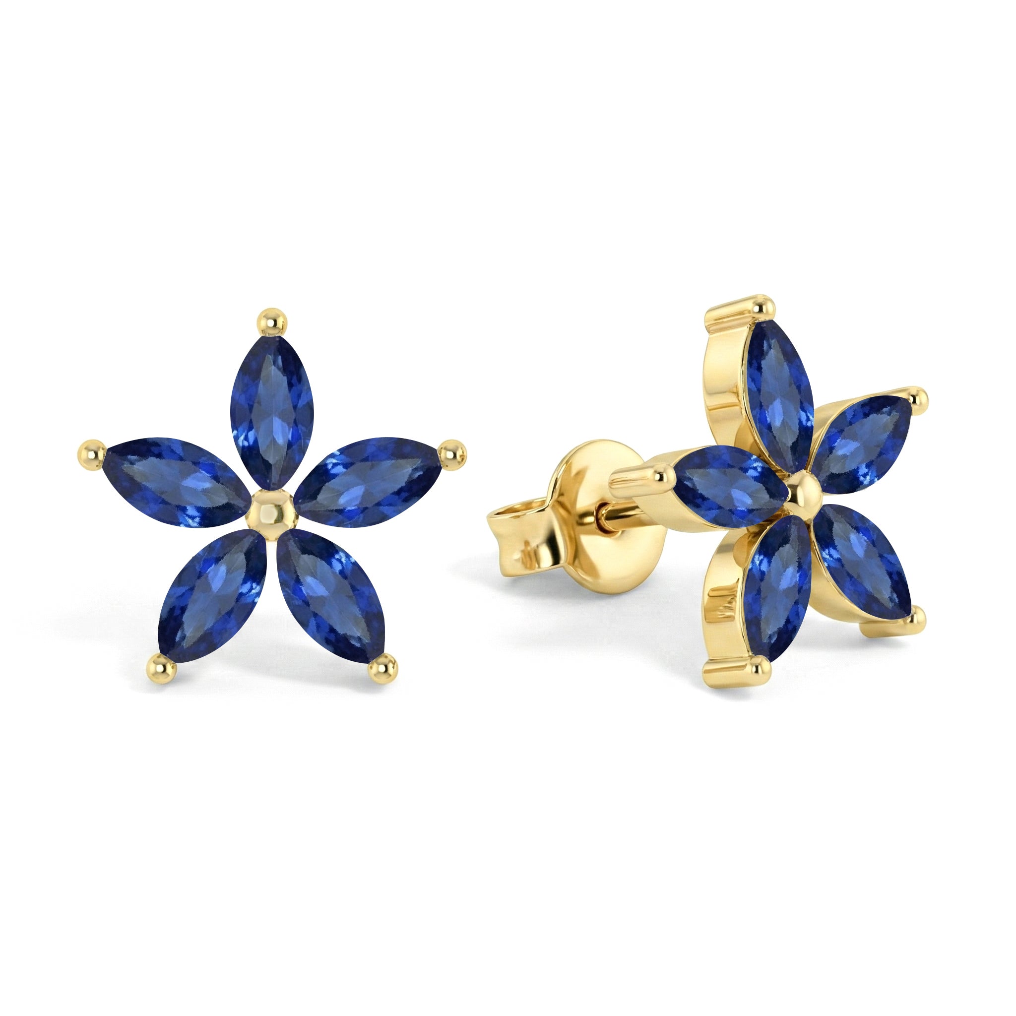 Blue Sapphire Flower and Marquis Shape Stud Earring in 925 Sterling Silver 4X2 MM 3ct.