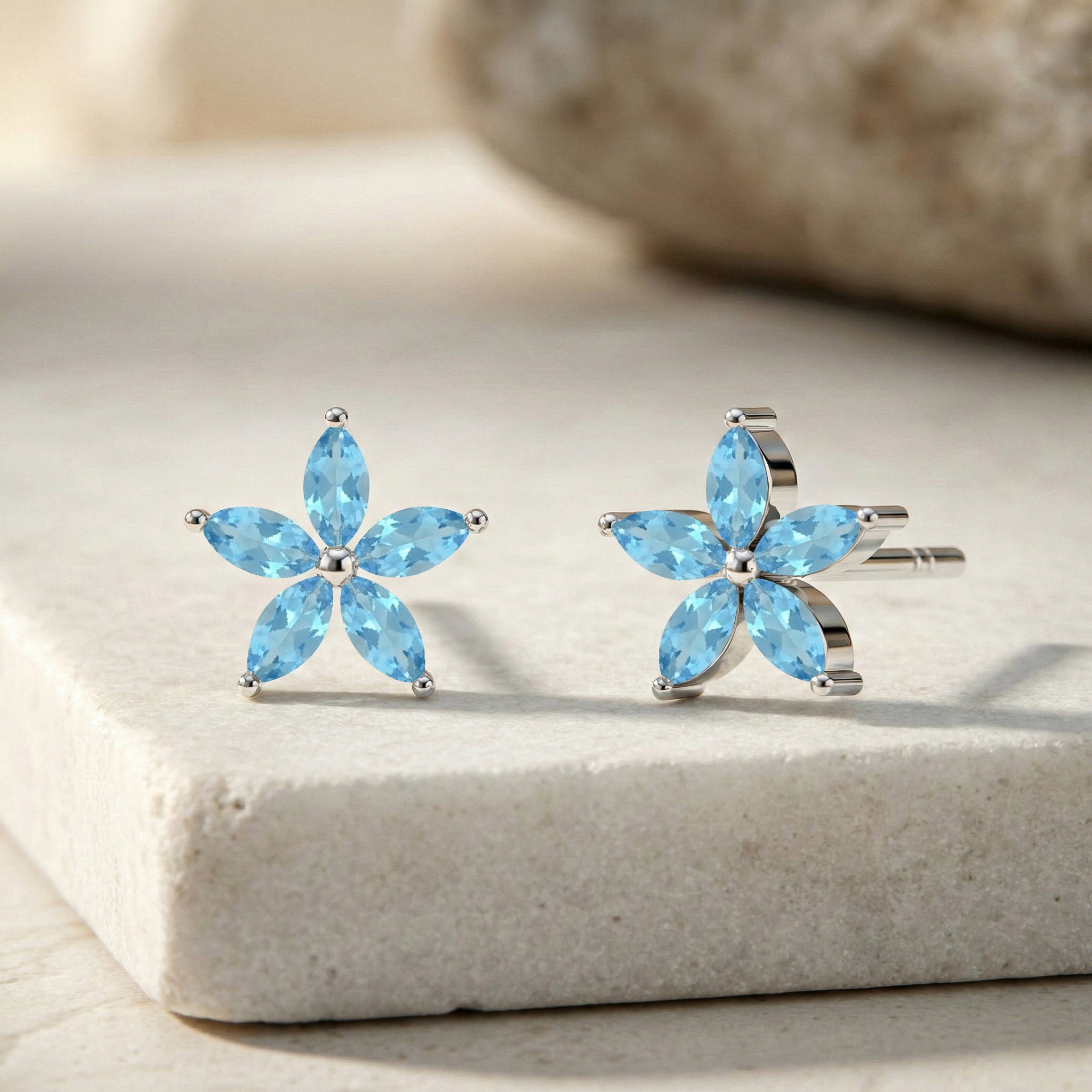 Blue Topaz Flower and Marquis Shape Stud Earring in 925 Sterling Silver 4X2 MM 3ct.