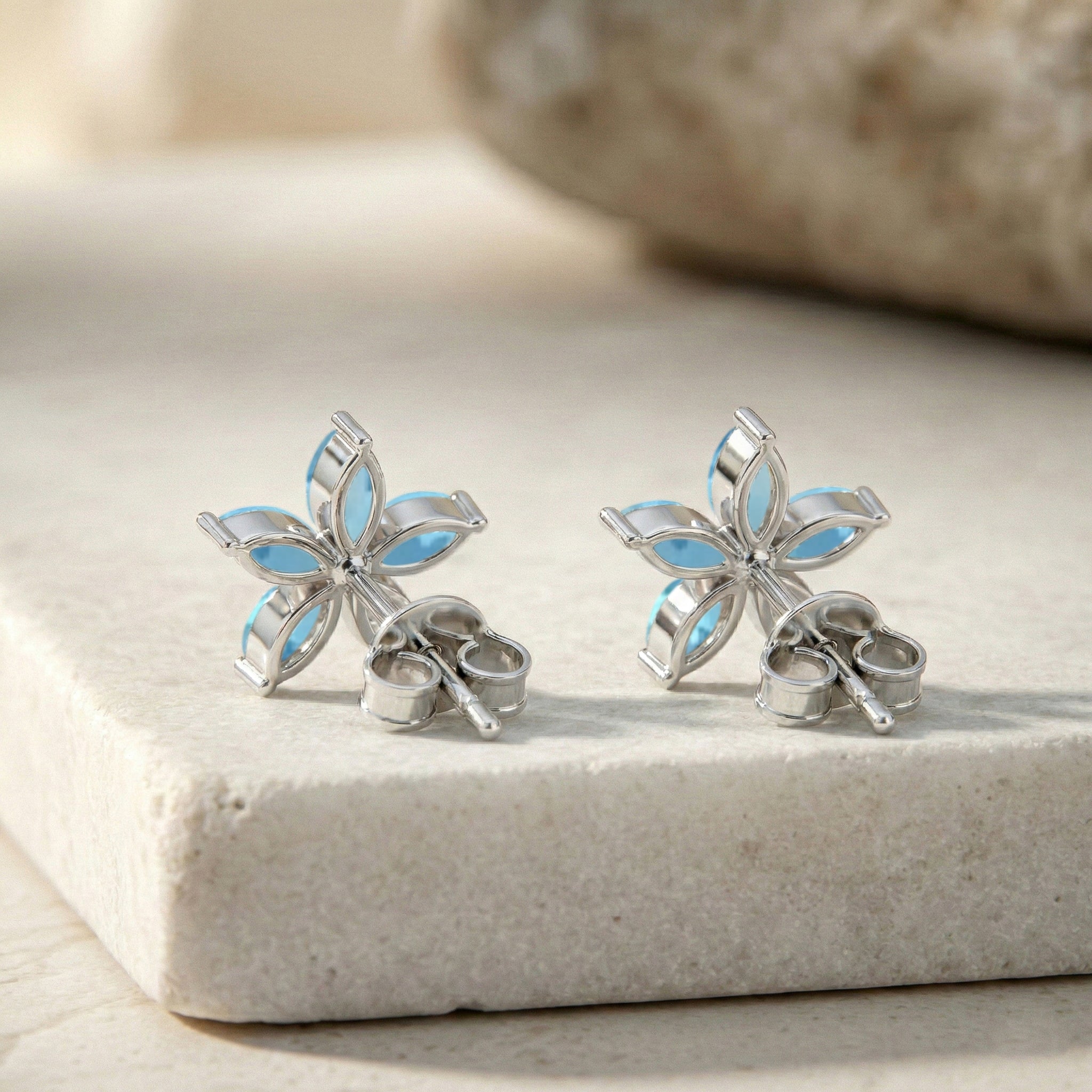 Blue Topaz Flower and Marquis Shape Stud Earring in 925 Sterling Silver 4X2 MM 3ct.