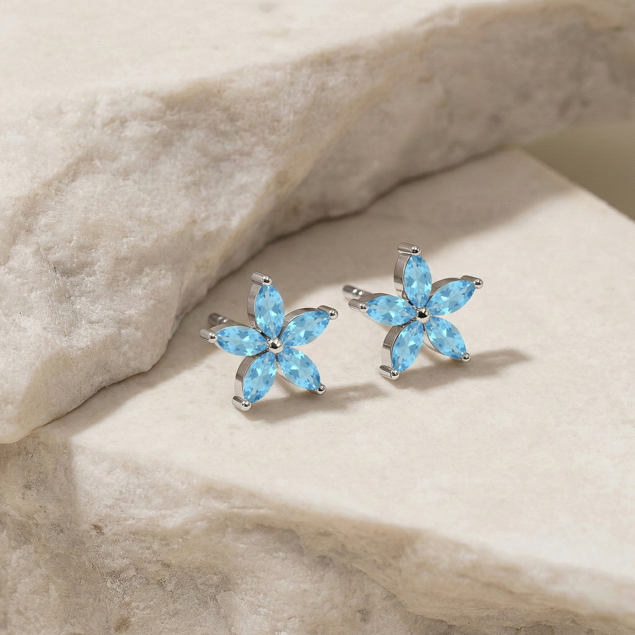 Blue Topaz Flower and Marquis Shape Stud Earring in 925 Sterling Silver 4X2 MM 3ct.