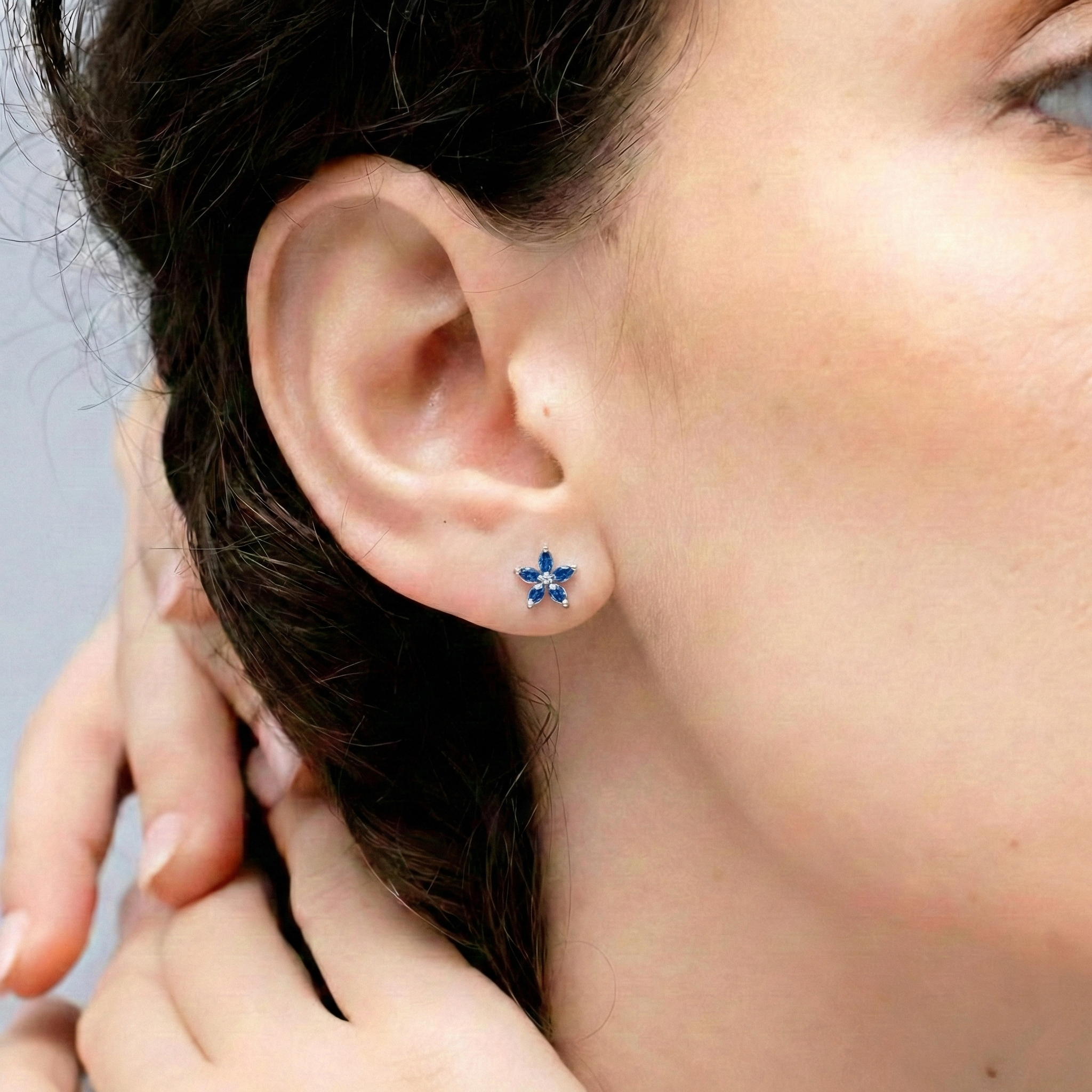 Blue Topaz Flower and Marquis Shape Stud Earring in 925 Sterling Silver 4X2 MM 3ct.