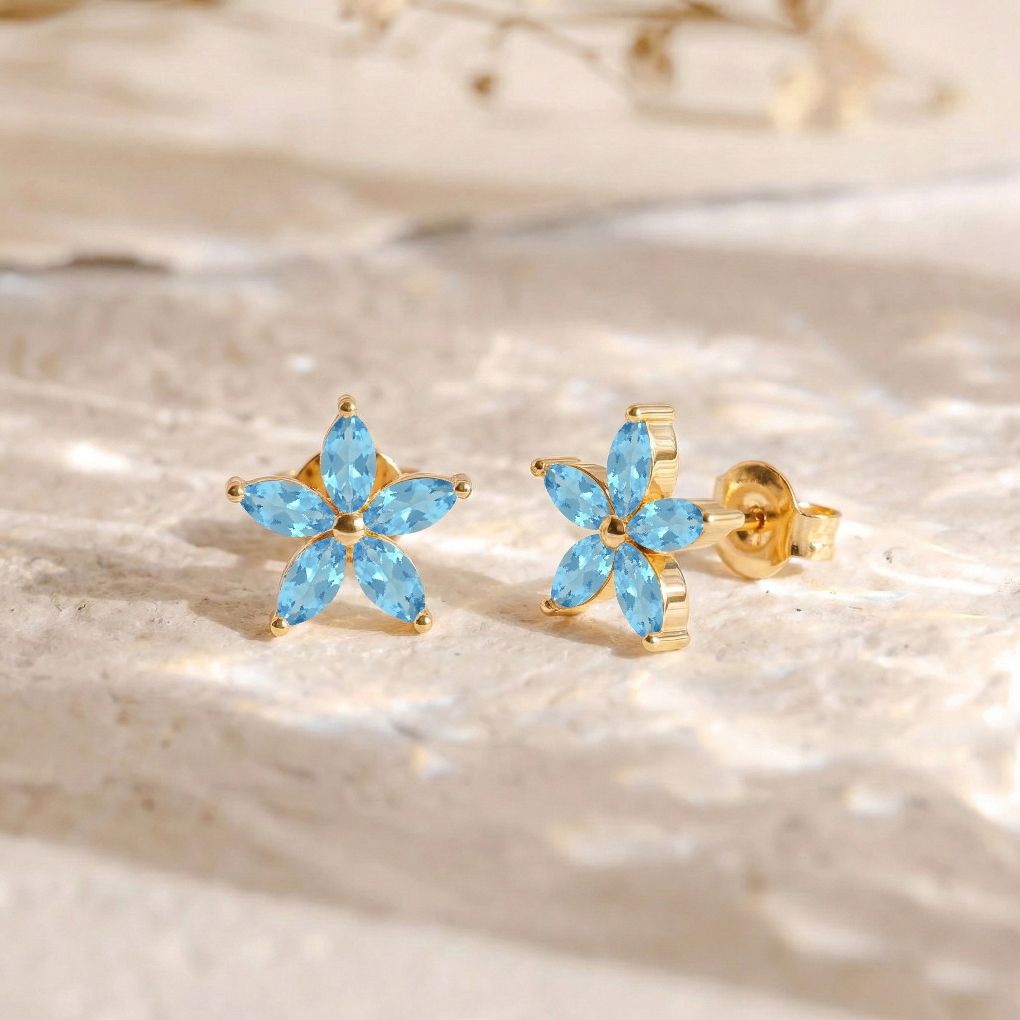 Blue Topaz Flower and Marquis Shape Stud Earring in 925 Sterling Silver 4X2 MM 3ct.