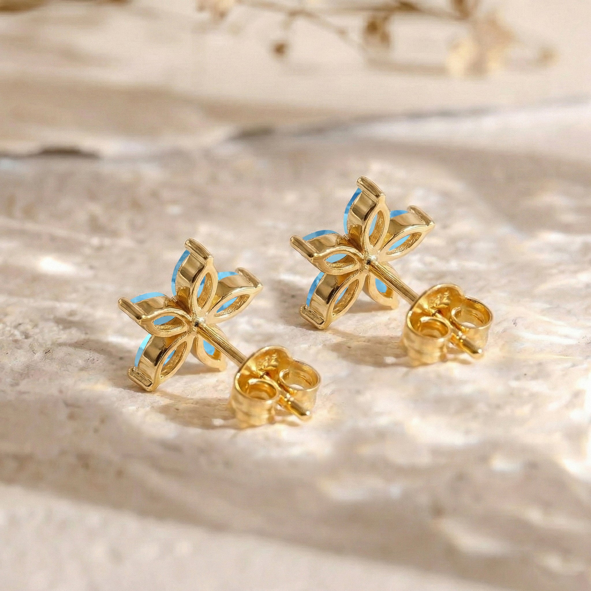 Blue Topaz Flower and Marquis Shape Stud Earring in 925 Sterling Silver 4X2 MM 3ct.