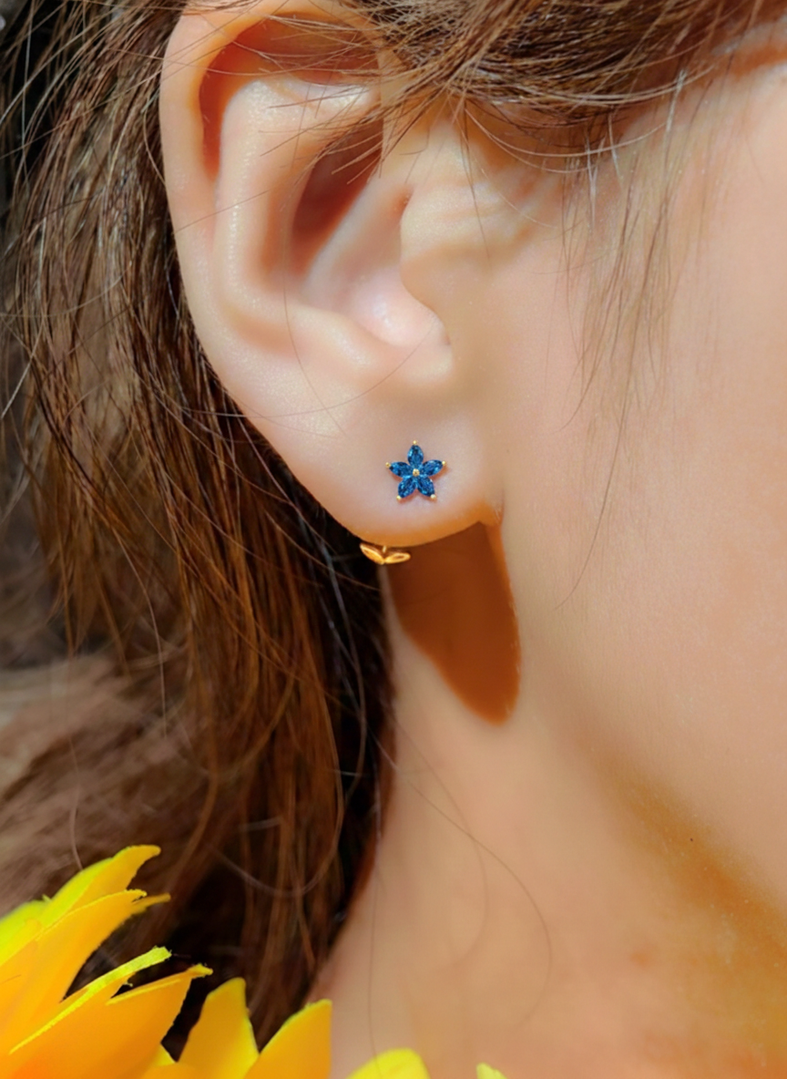 Blue Topaz Flower and Marquis Shape Stud Earring in 925 Sterling Silver 4X2 MM 3ct.