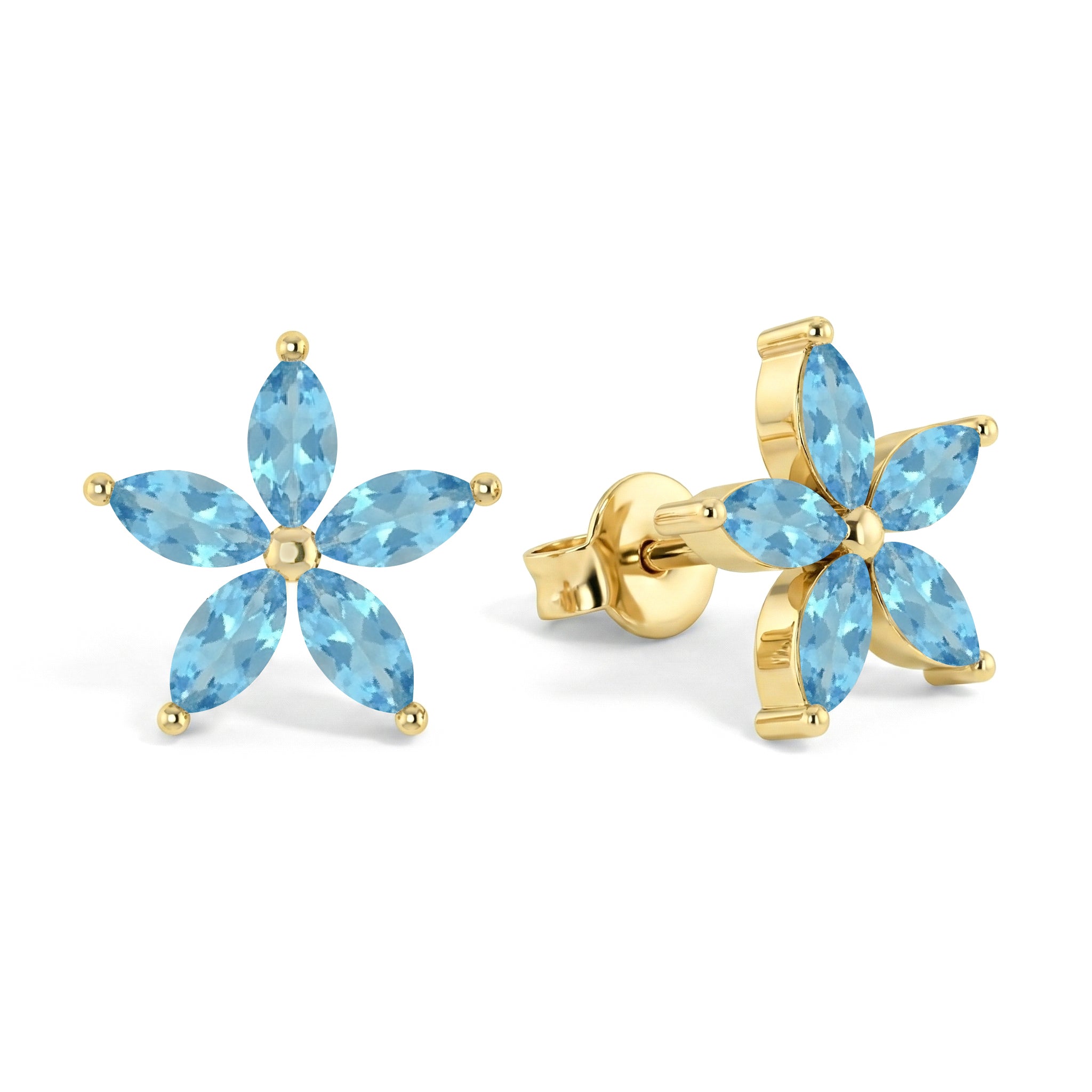 Blue Topaz Flower and Marquis Shape Stud Earring in 925 Sterling Silver 4X2 MM 3ct.