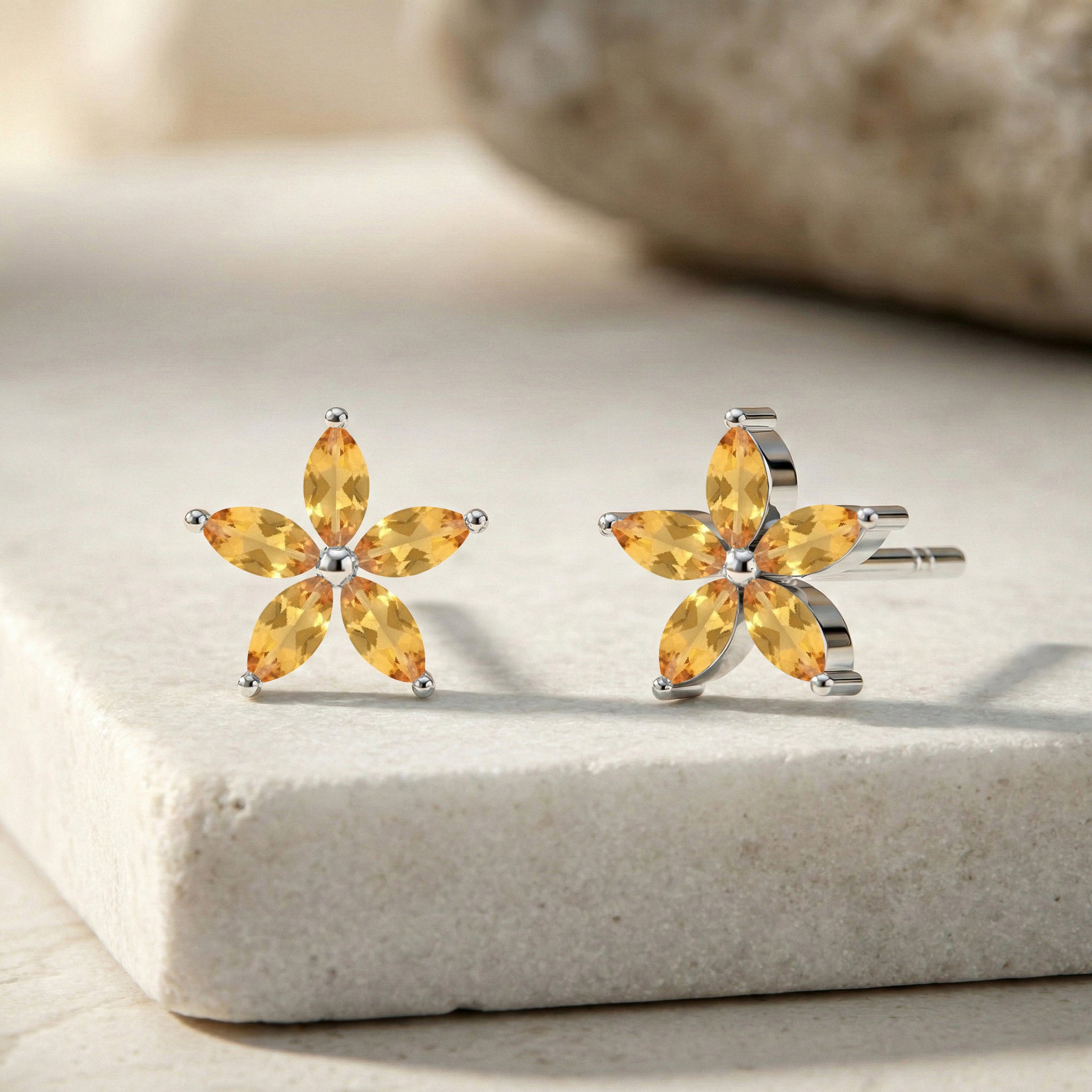 Citrine Flower and Marquis Shape Stud Earring in 925 Sterling Silver 4X2 MM 3ct.