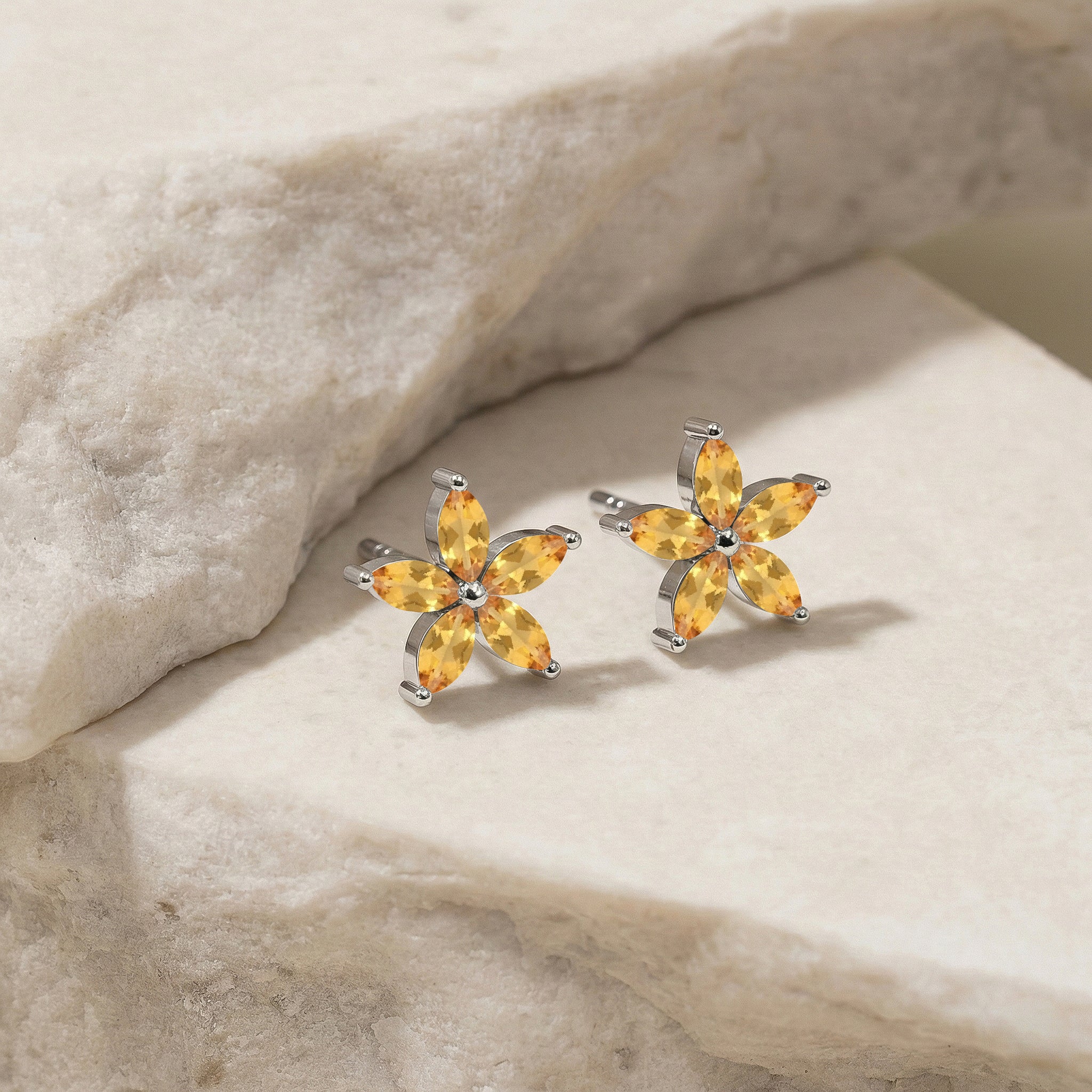 Citrine Flower and Marquis Shape Stud Earring in 925 Sterling Silver 4X2 MM 3ct.