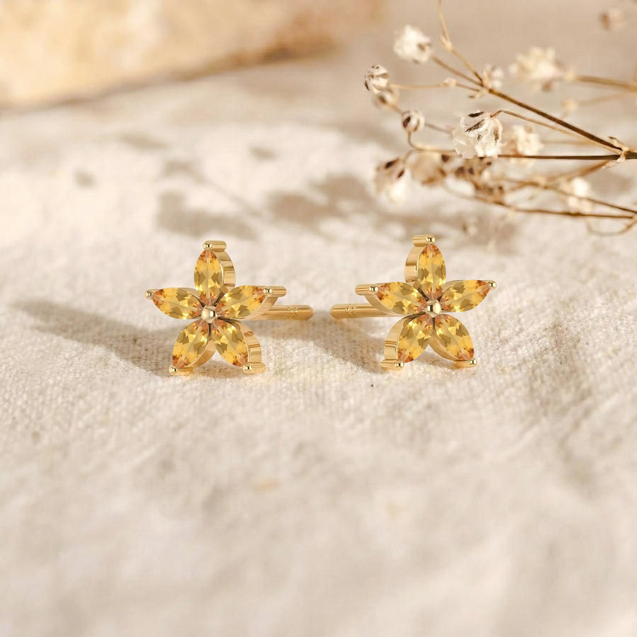 Citrine Flower and Marquis Shape Stud Earring in 925 Sterling Silver 4X2 MM 3ct.