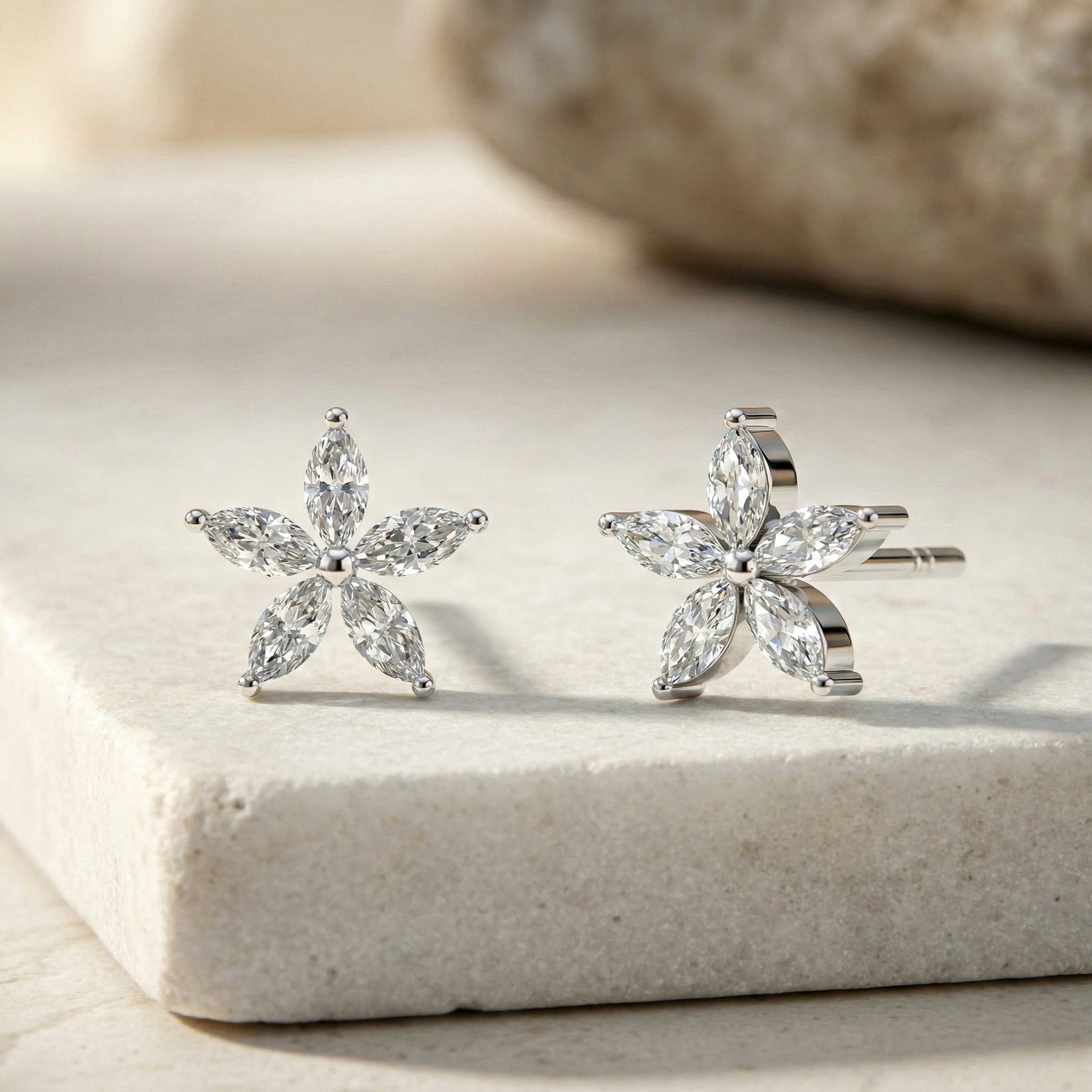 Simulated Diamond Flower and Marquis Shape Stud Earring in 925 Sterling Silver 4X2 MM 3ct.