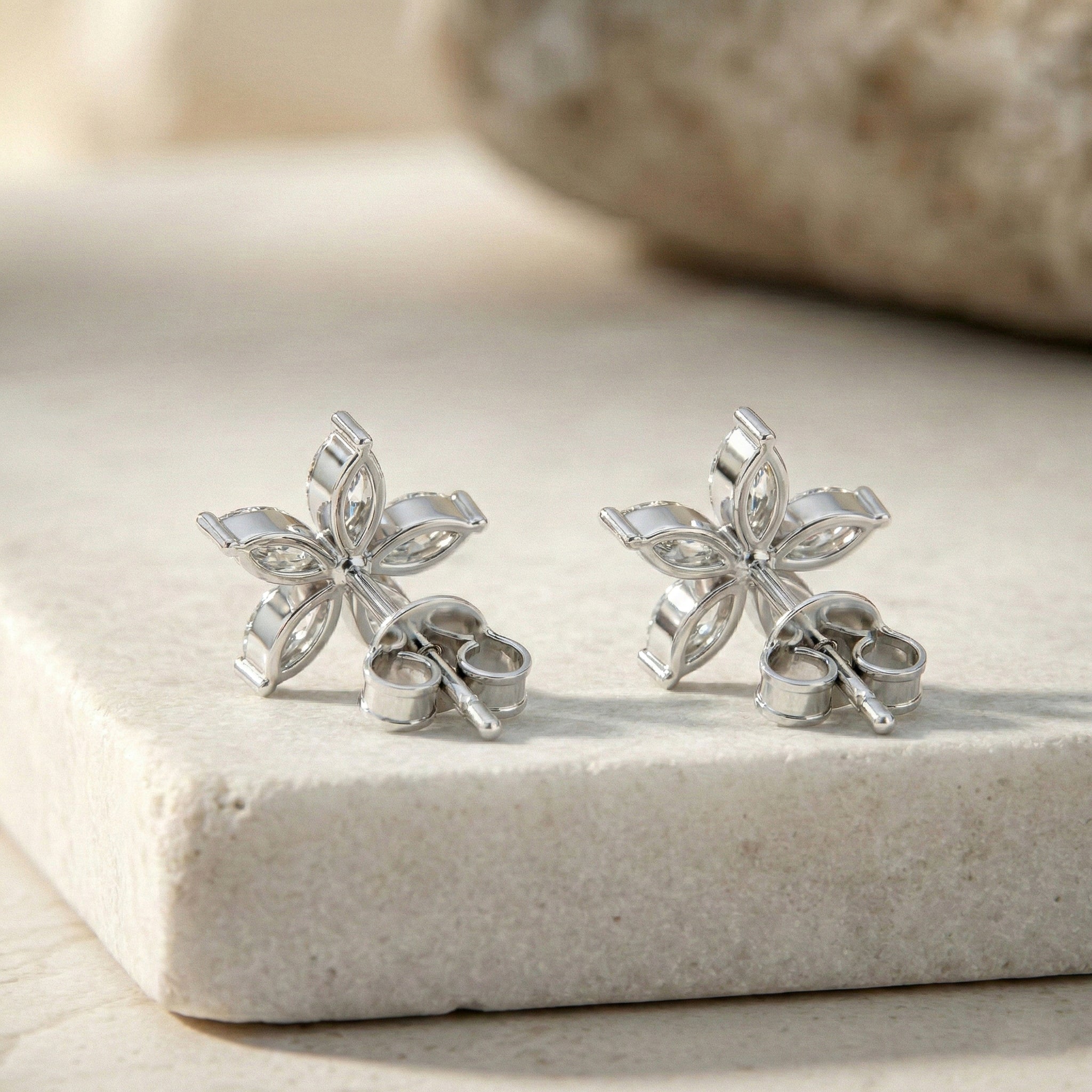 Simulated Diamond Flower and Marquis Shape Stud Earring in 925 Sterling Silver 4X2 MM 3ct.