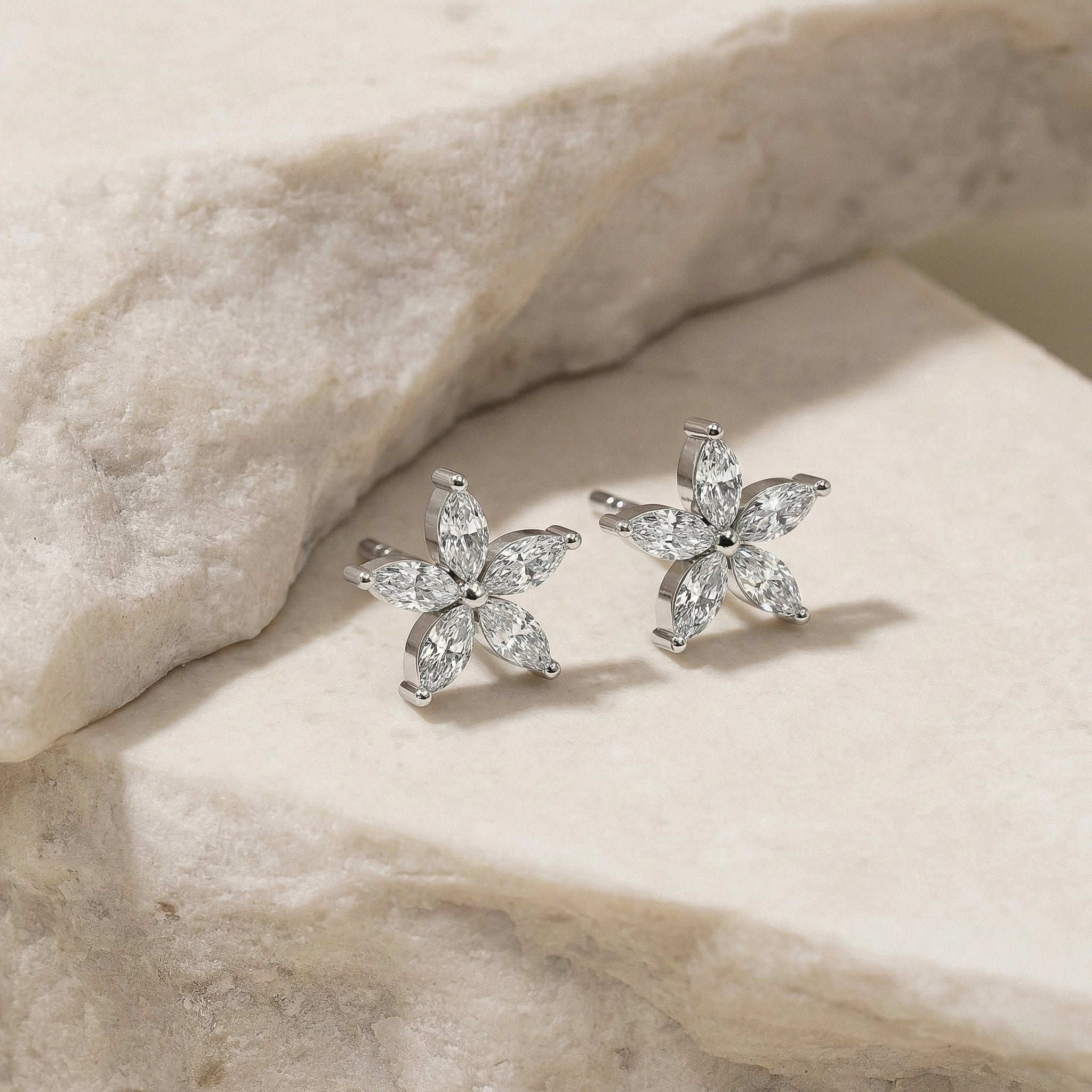 Simulated Diamond Flower and Marquis Shape Stud Earring in 925 Sterling Silver 4X2 MM 3ct.