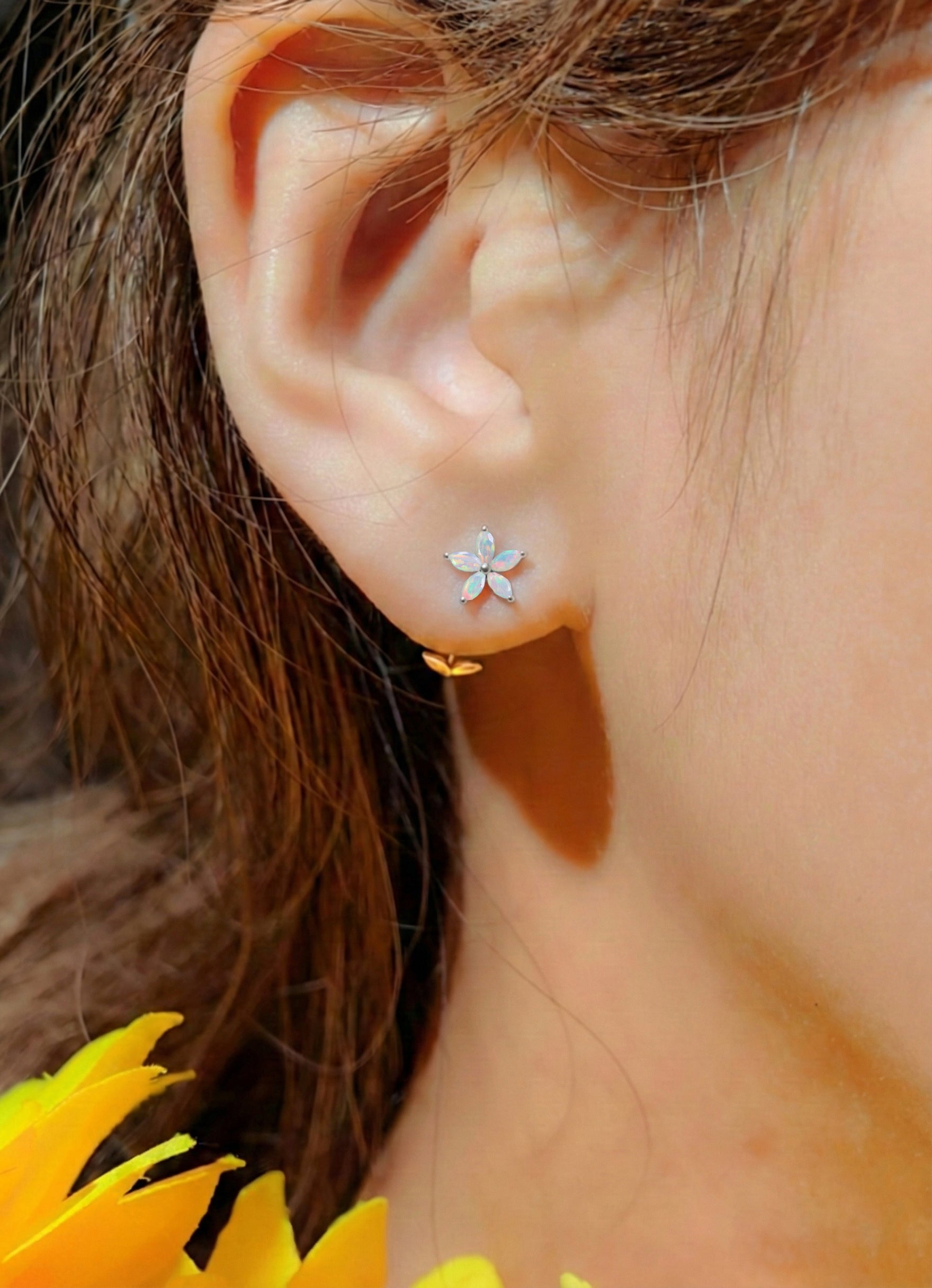 White Opal Flower and Marquis Shape Stud Earring in 925 Sterling Silver 4X2 MM 3ct.