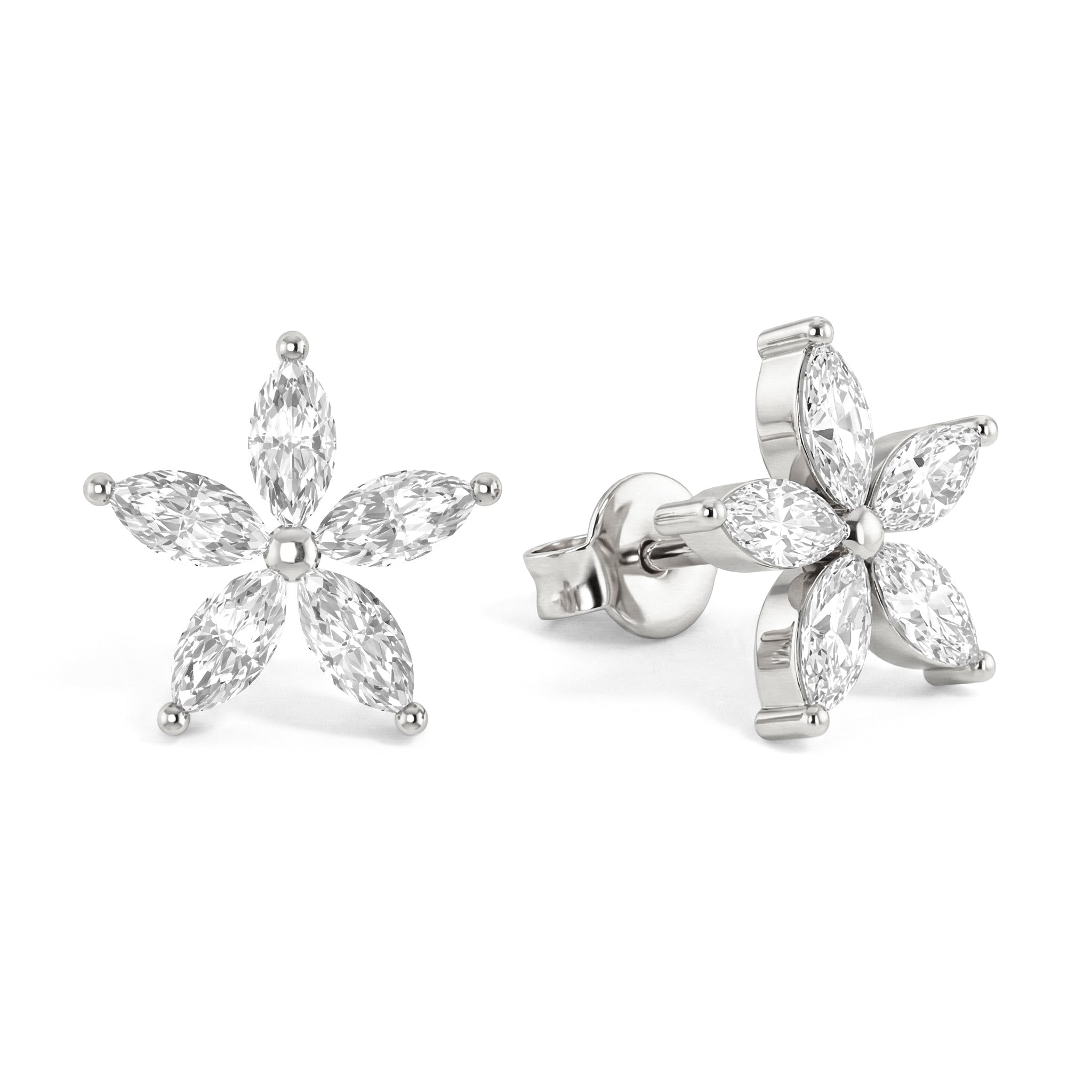 Simulated Diamond Flower and Marquis Shape Stud Earring in 925 Sterling Silver 4X2 MM 3ct.