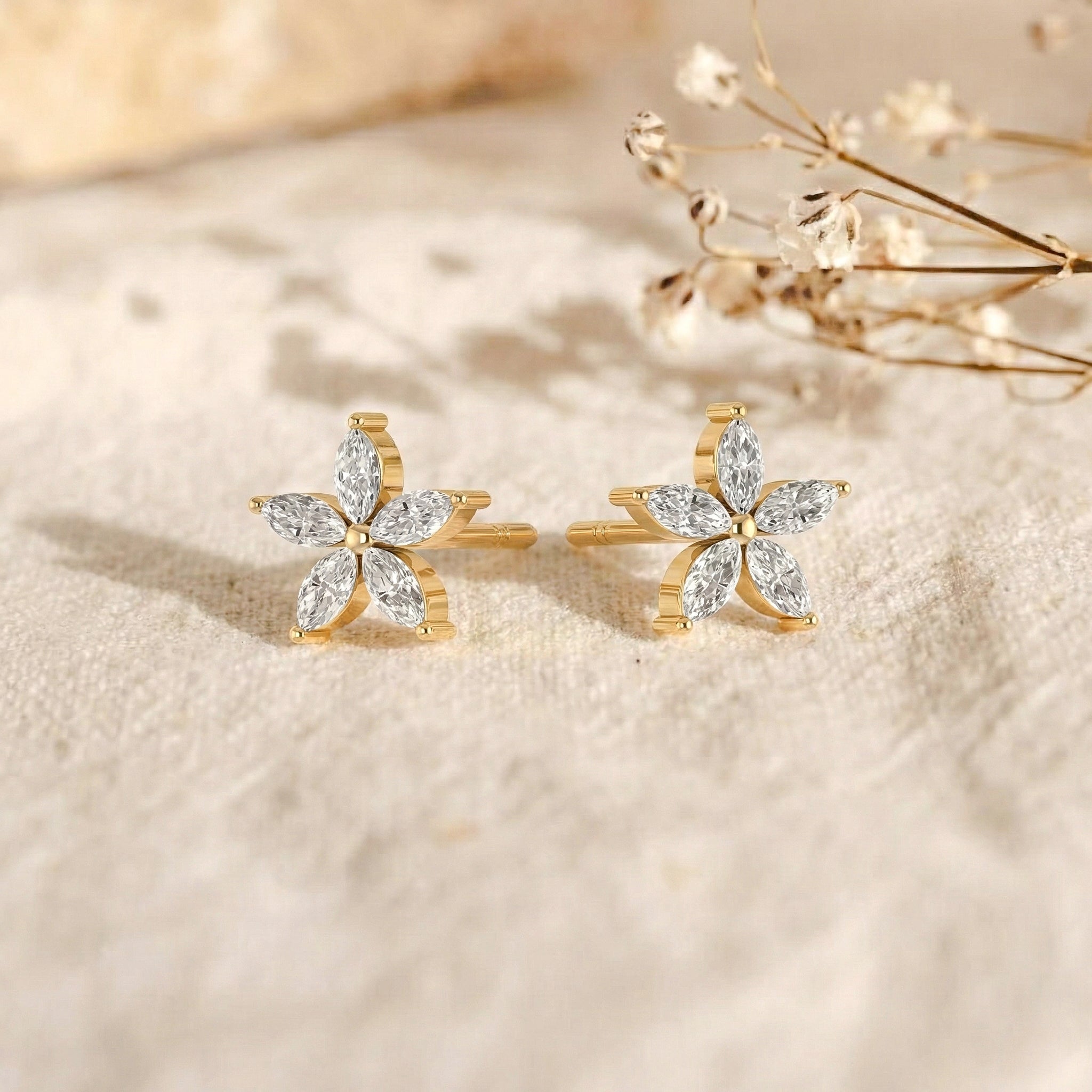 Simulated Diamond Flower and Marquis Shape Stud Earring in 925 Sterling Silver 4X2 MM 3ct.