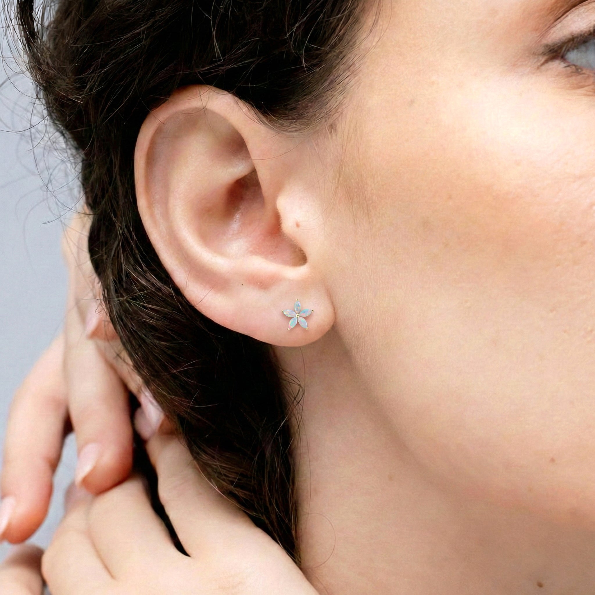 White Opal Flower and Marquis Shape Stud Earring in 925 Sterling Silver 4X2 MM 3ct.