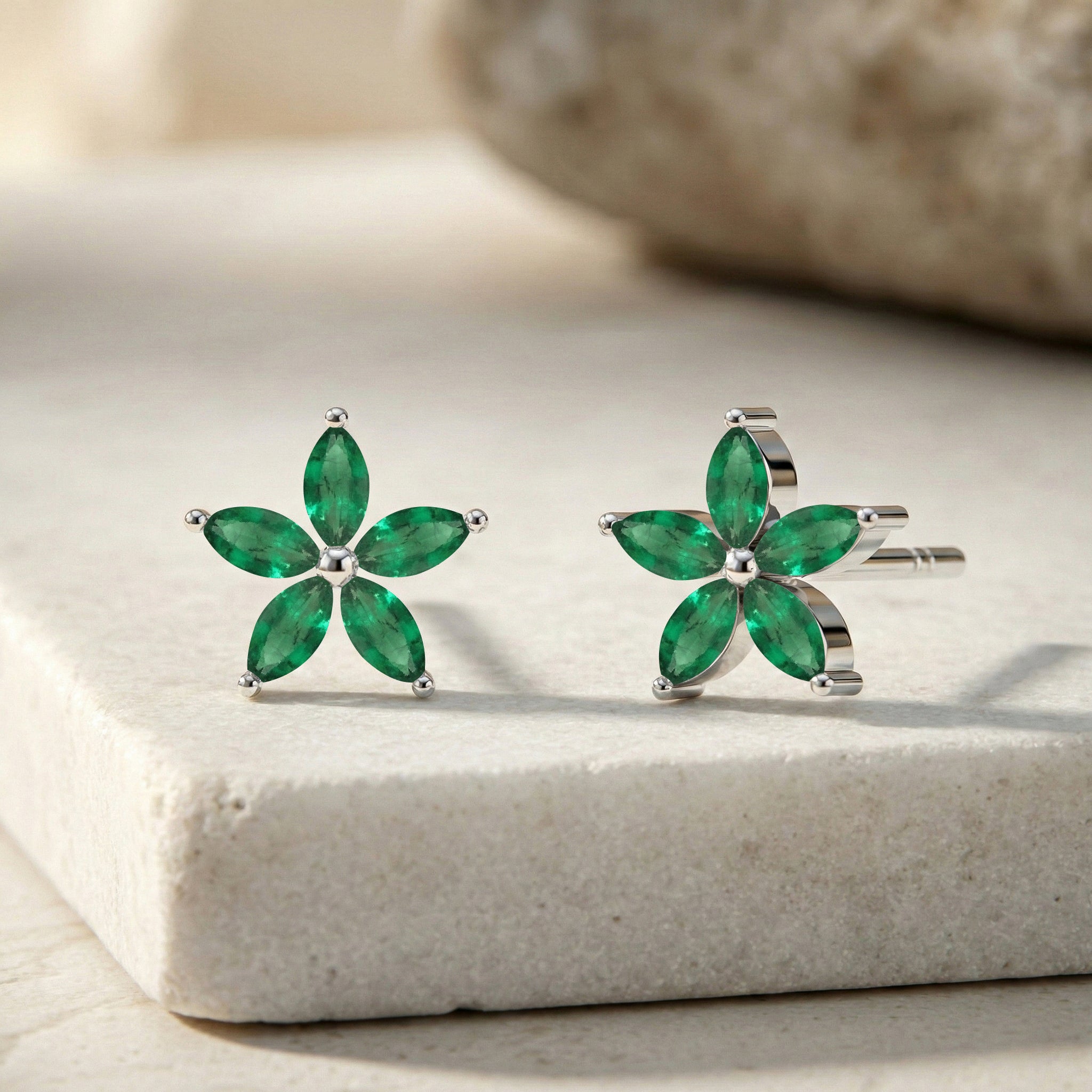 Emerald Flower and Marquis Shape Stud Earring in 925 Sterling Silver 4X2 MM 3ct.