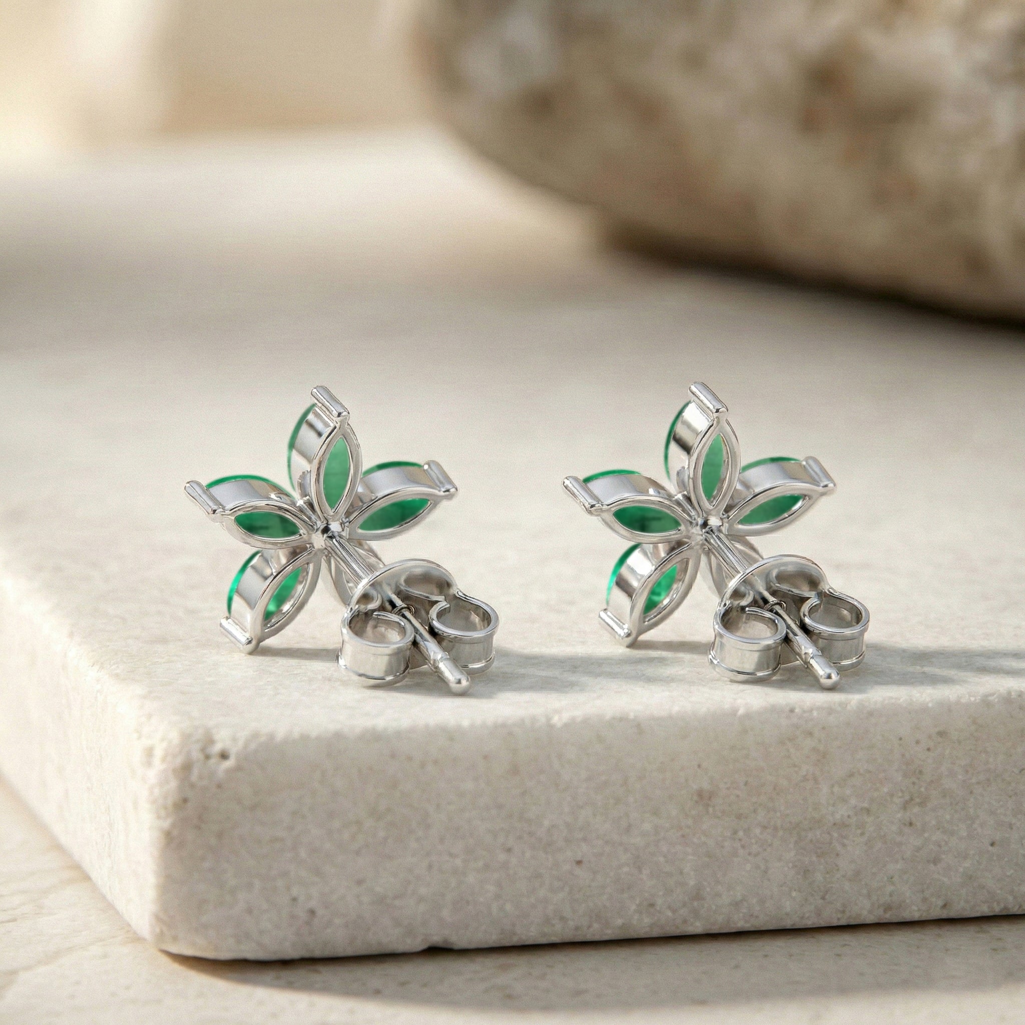 Emerald Flower and Marquis Shape Stud Earring in 925 Sterling Silver 4X2 MM 3ct.
