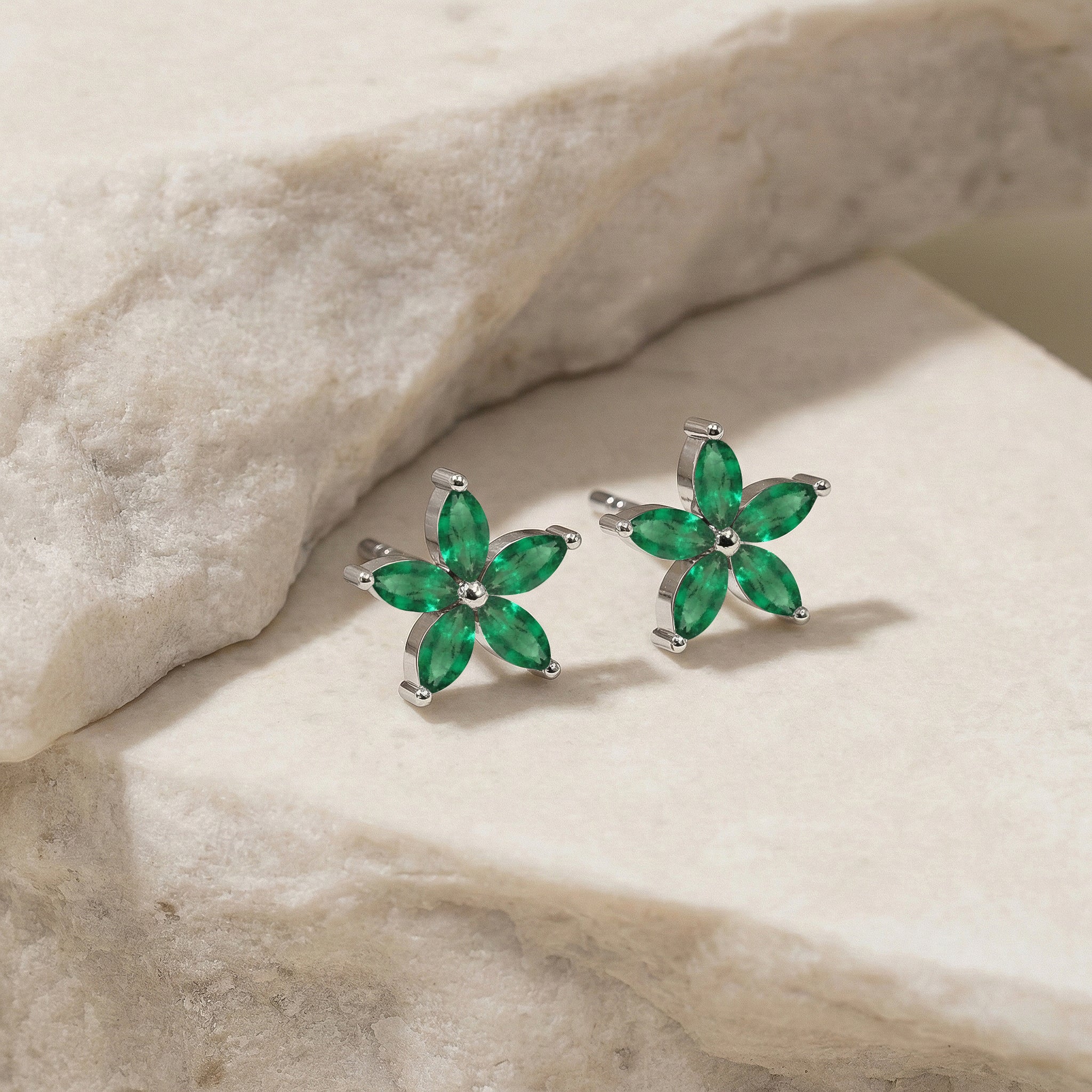 Emerald Flower and Marquis Shape Stud Earring in 925 Sterling Silver 4X2 MM 3ct.