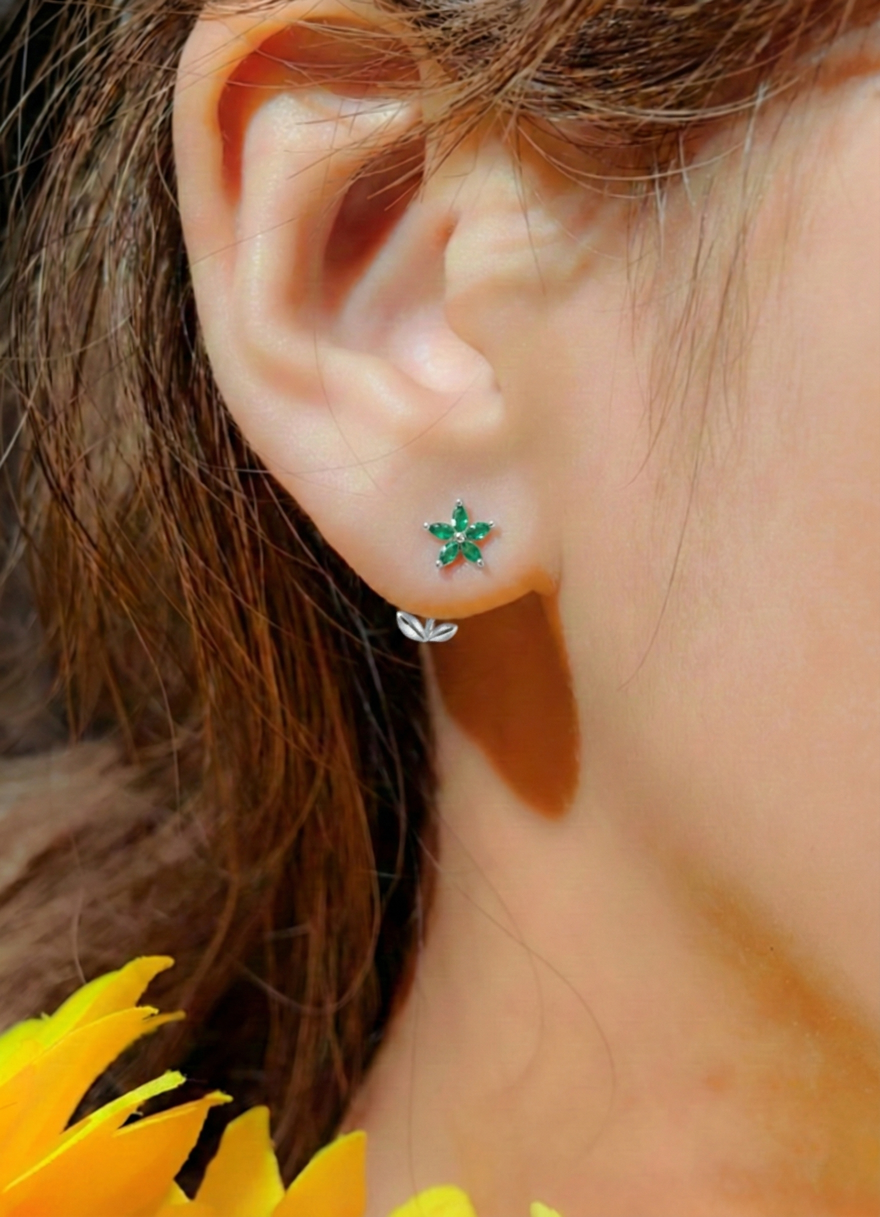 Emerald Flower and Marquis Shape Stud Earring in 925 Sterling Silver 4X2 MM 3ct.