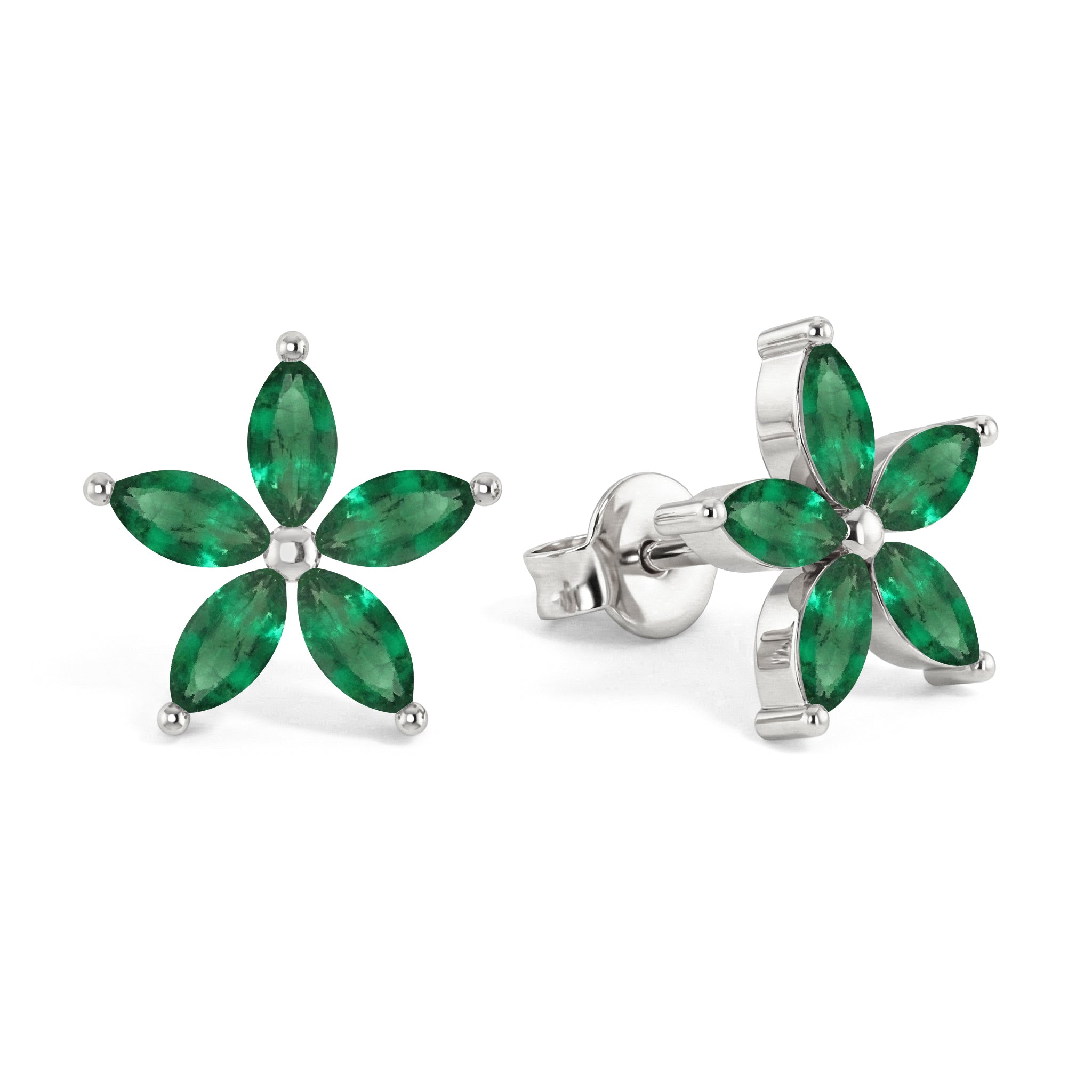 Emerald Flower and Marquis Shape Stud Earring in 925 Sterling Silver 4X2 MM 3ct.