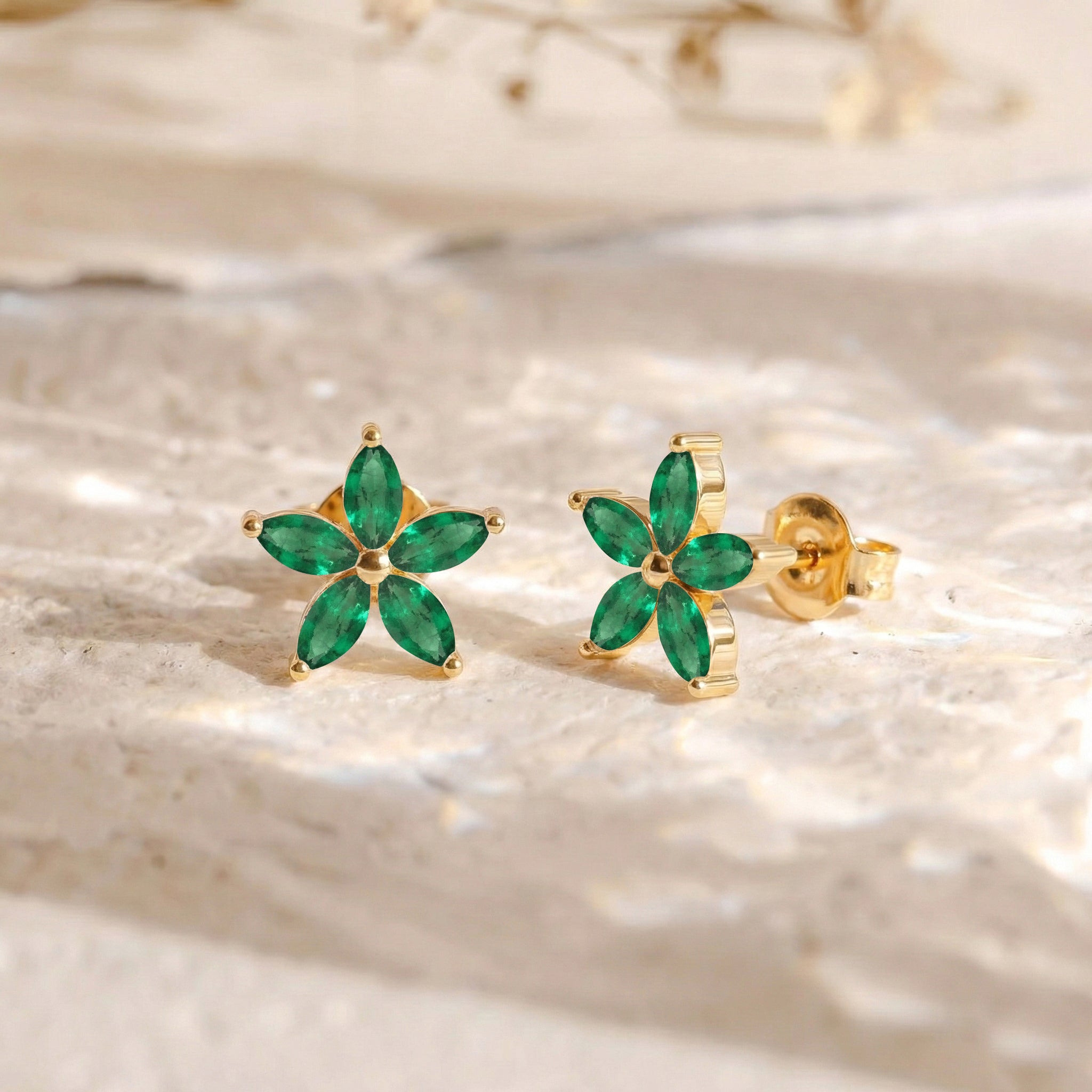 Emerald Flower and Marquis Shape Stud Earring in 925 Sterling Silver 4X2 MM 3ct.