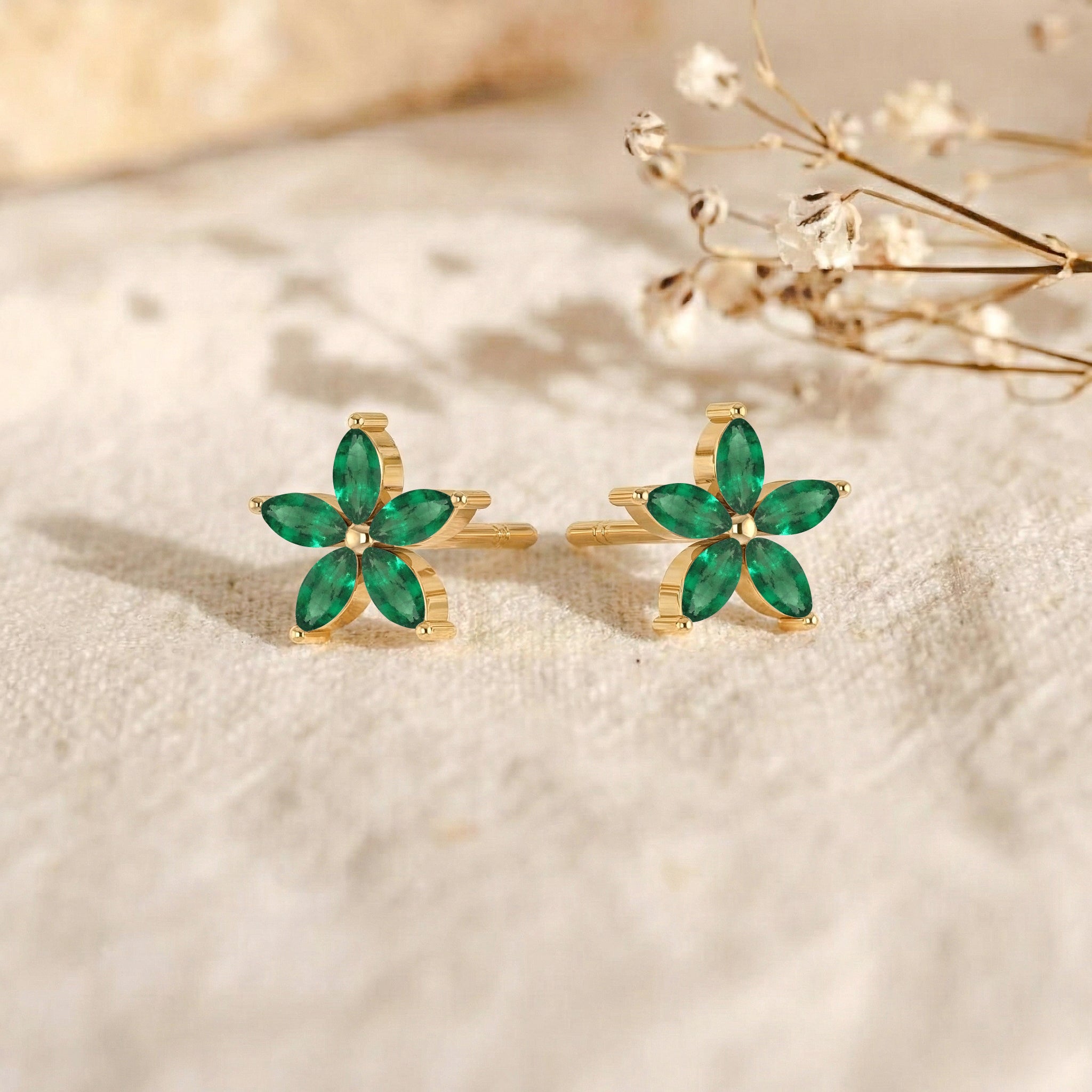 Emerald Flower and Marquis Shape Stud Earring in 925 Sterling Silver 4X2 MM 3ct.