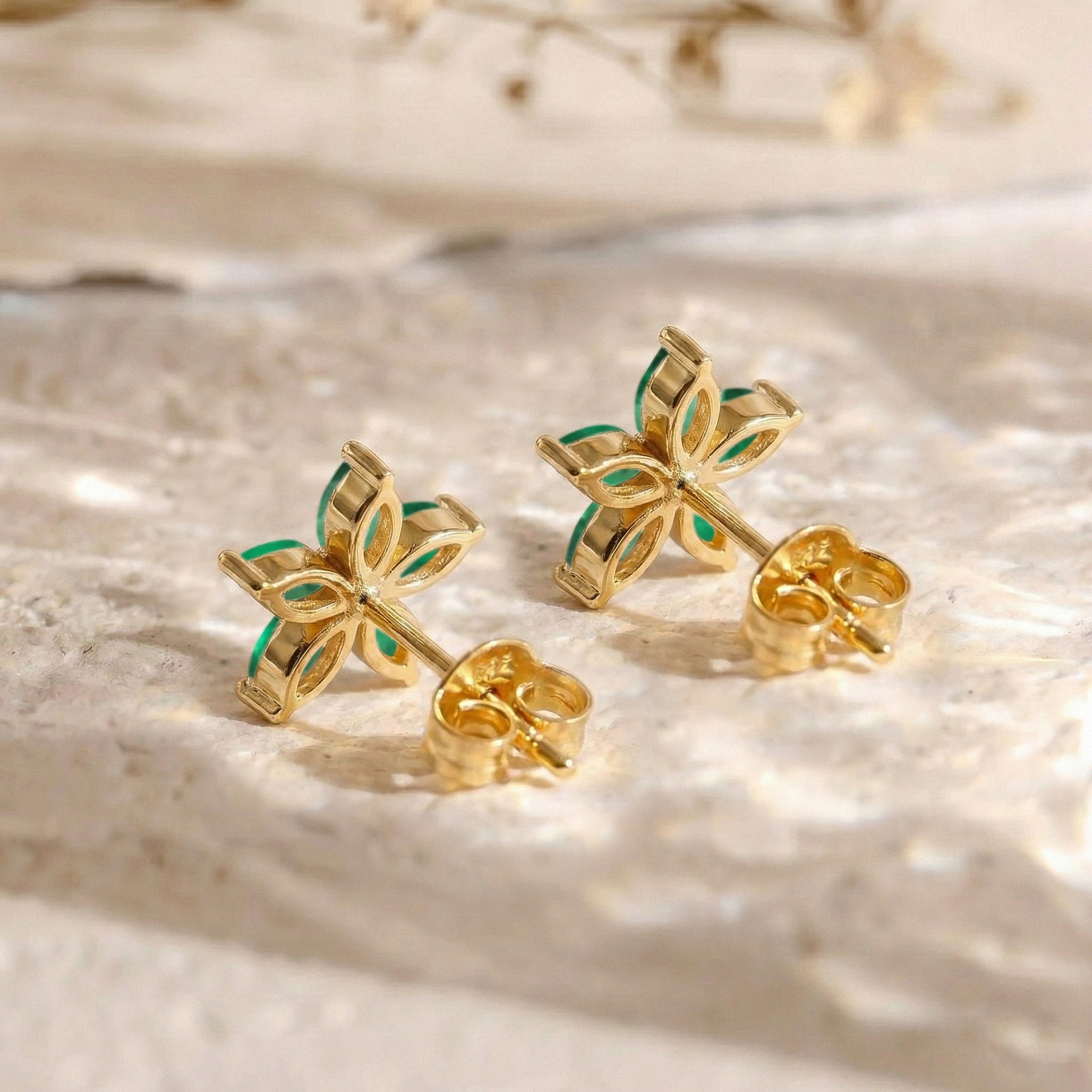 Emerald Flower and Marquis Shape Stud Earring in 925 Sterling Silver 4X2 MM 3ct.