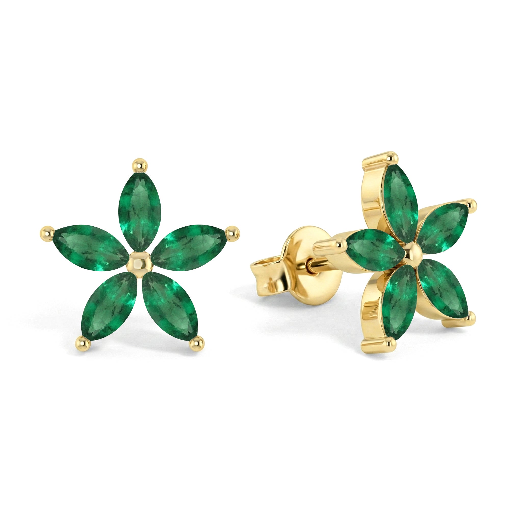 Emerald Flower and Marquis Shape Stud Earring in 925 Sterling Silver 4X2 MM 3ct.
