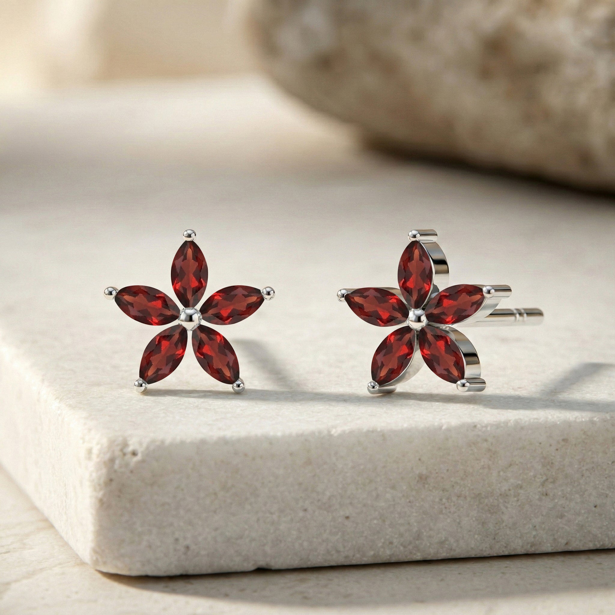 Garnet stone earrings sterling silver floral design