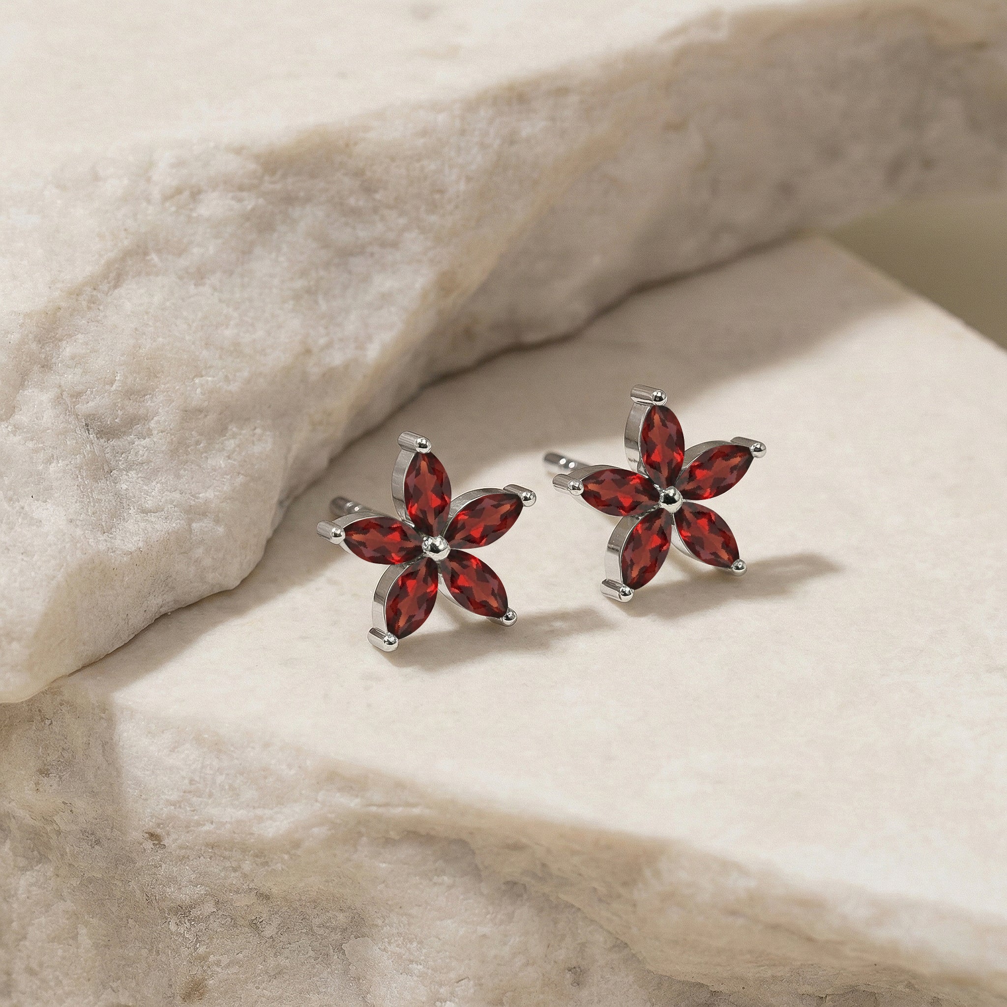 Garnet Flower and Marquis Shape Stud Earring in 925 Sterling Silver 4X2 MM 3ct.